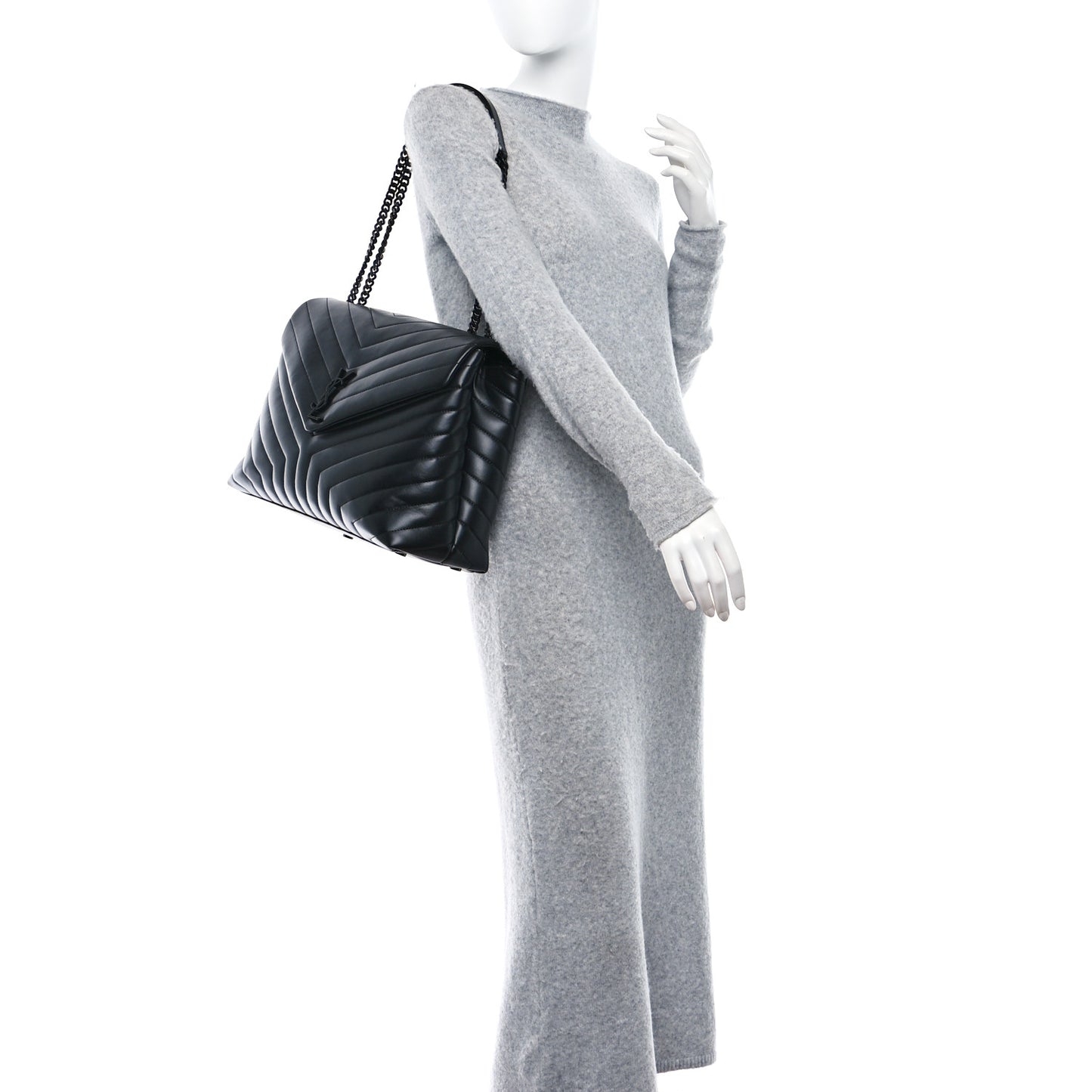Calfskin Y Quilted Monogram Monochrome Large Loulou Chain Satchel Black