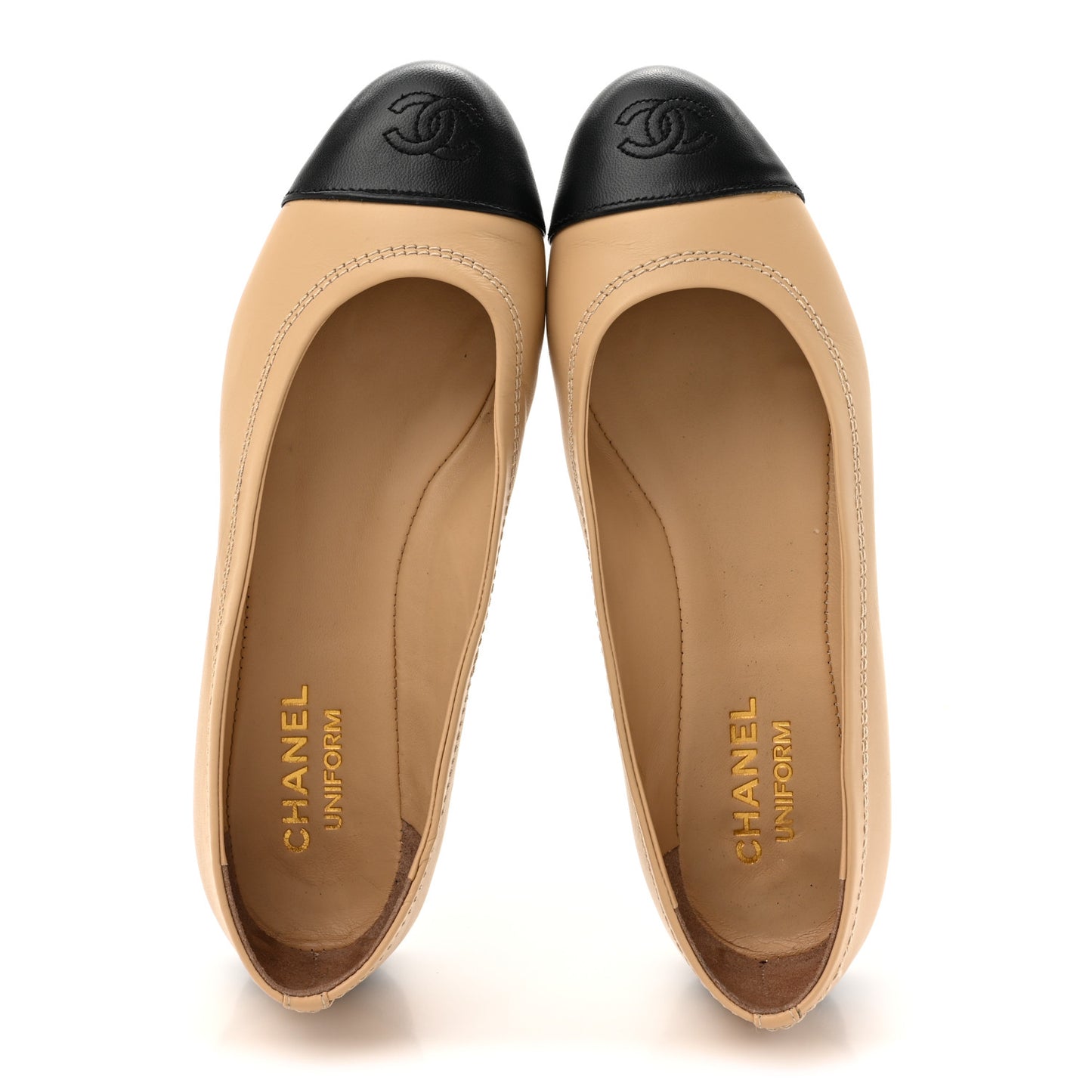 Lambskin Cap Toe CC Uniform Ballerina Flats 38 Beige Black