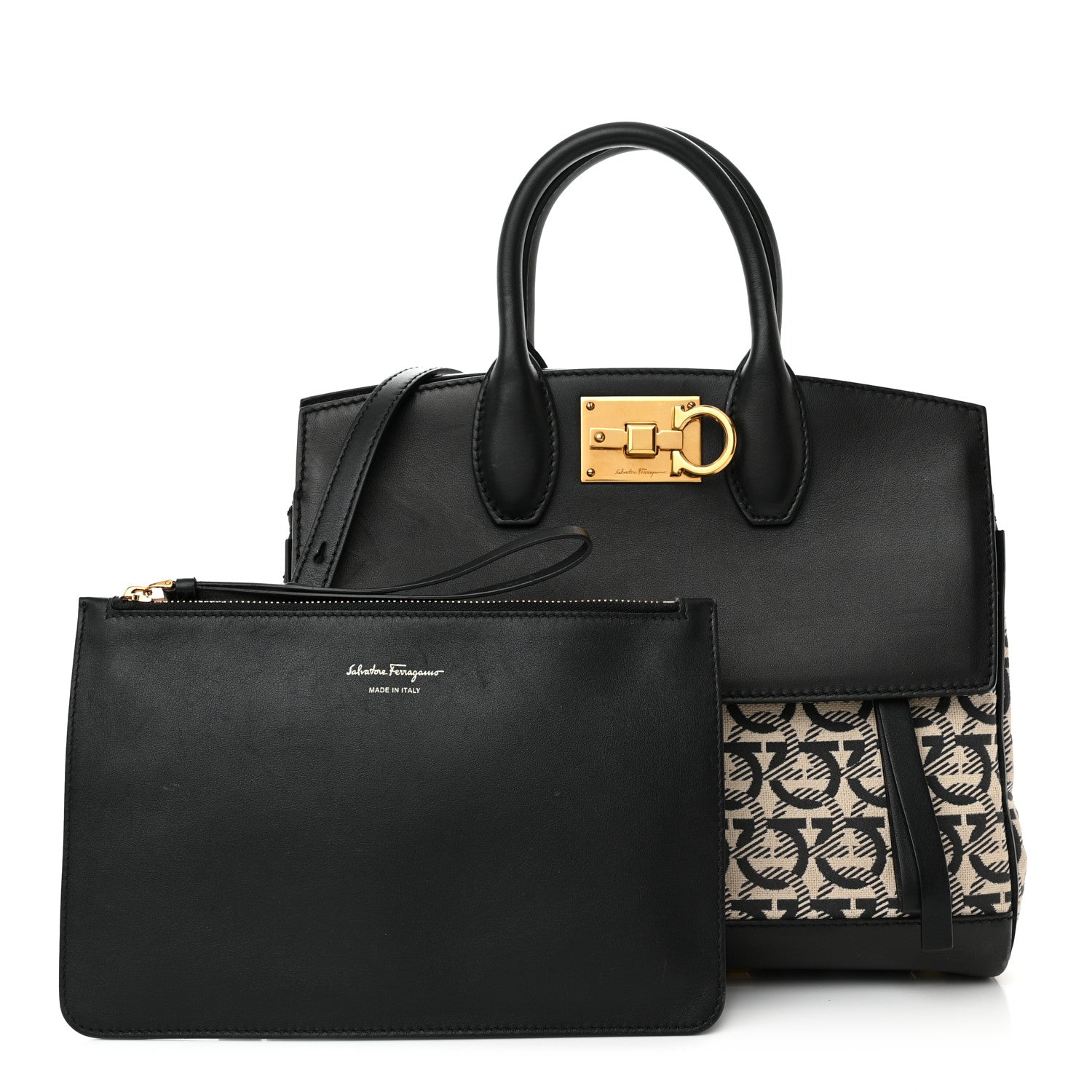 Salvatore Ferragamo Canvas Calfskin Gancini The Studio Bag Black Beige 1 of 18