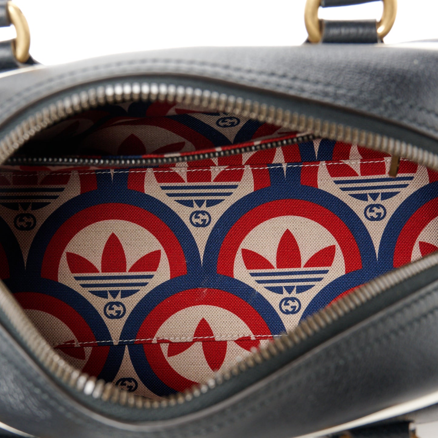 X ADIDAS Textured Dollar Calfskin Web Trefoil Logo Embossed Mini Bowling Bag Black Off White