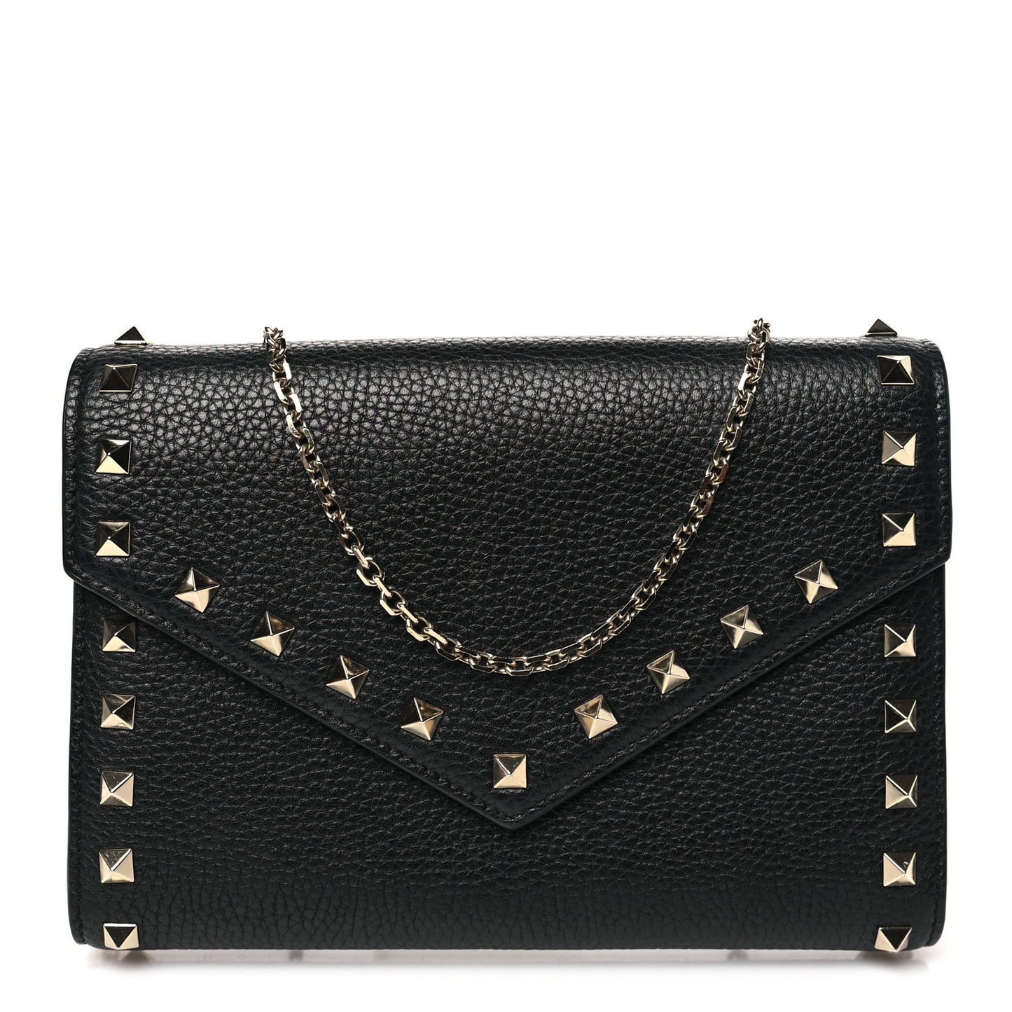 Pebbled Calfskin Rockstud Envelope Wallet on Chain Black