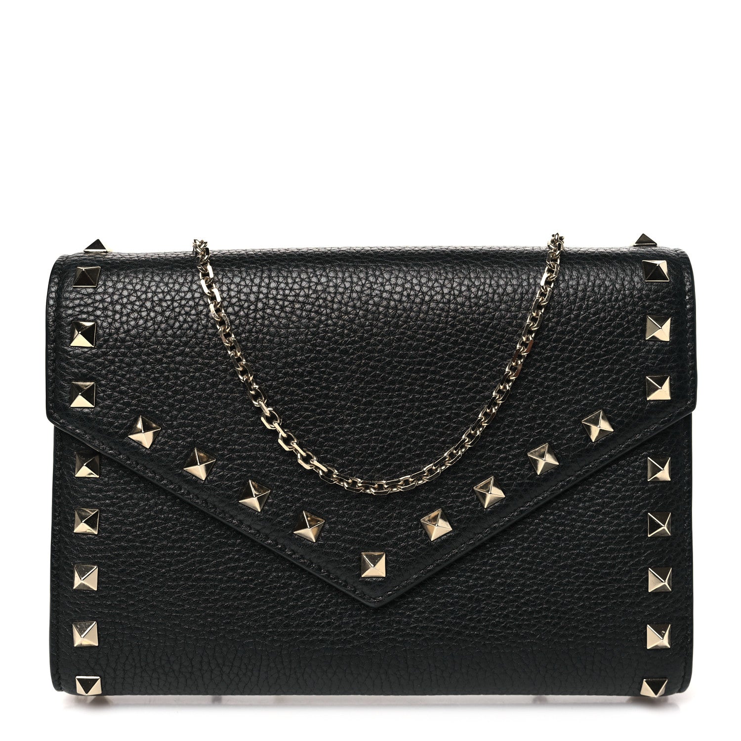 Valentino Garavani Pebbled Calfskin Rockstud Envelope Wallet on Chain Black 1 of 10