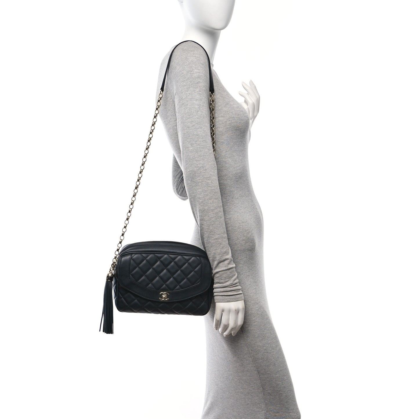 Lambskin Quilted Tassel Flap Camera Case Black