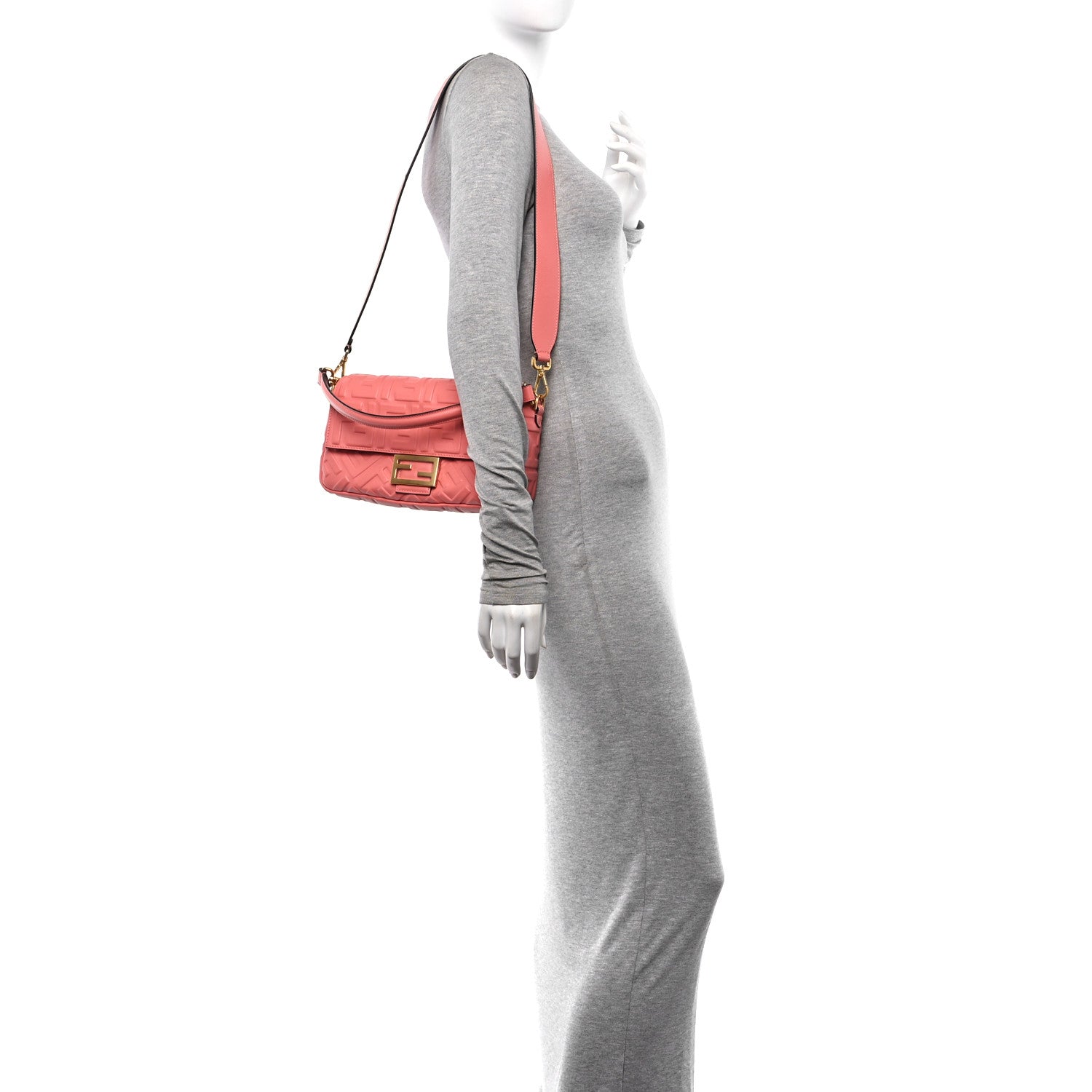 Fendi Nappa FF 1974 Embossed Baguette Rosa Pesca 2 of 10