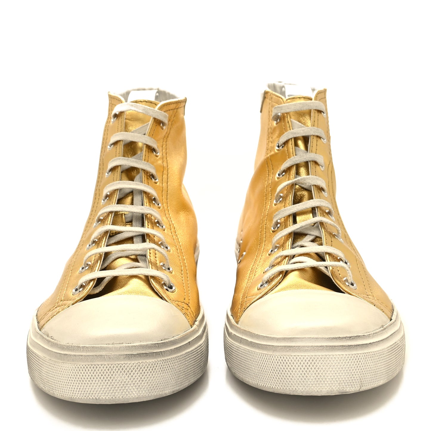 Distressed Calfskin Bedford Logo-Appliqued Hightop Sneakers 44 Gold Cream White