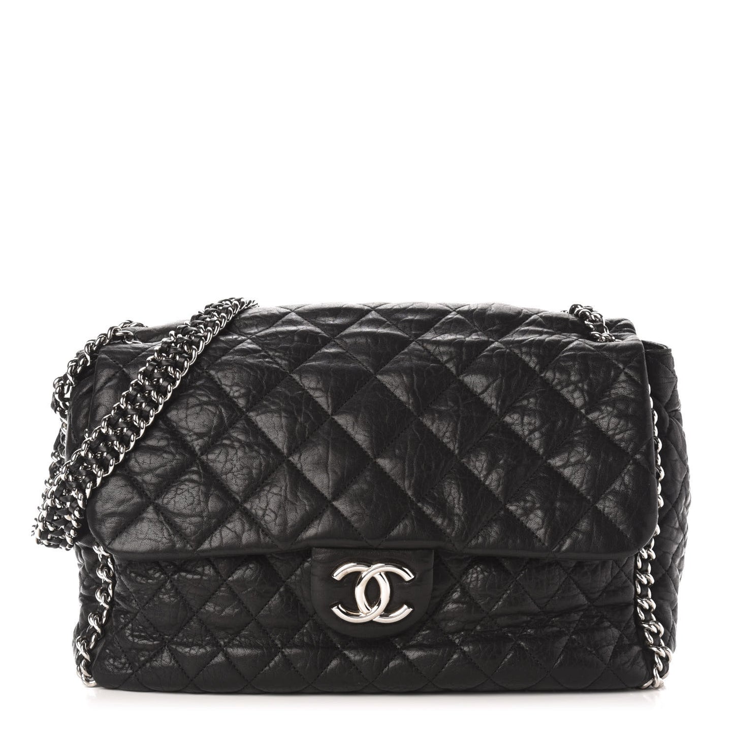 Washed Lambskin Quilted Maxi Chain Around Flap Black