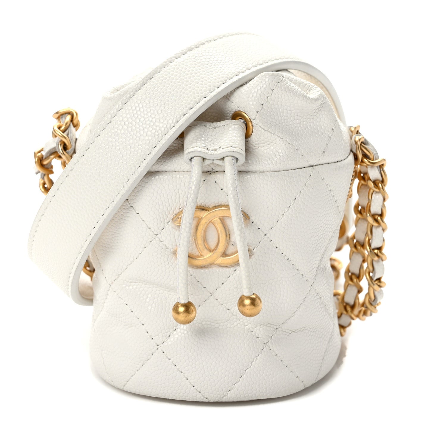 Caviar Quilted Twist Your Buttons Mini Bucket Bag White