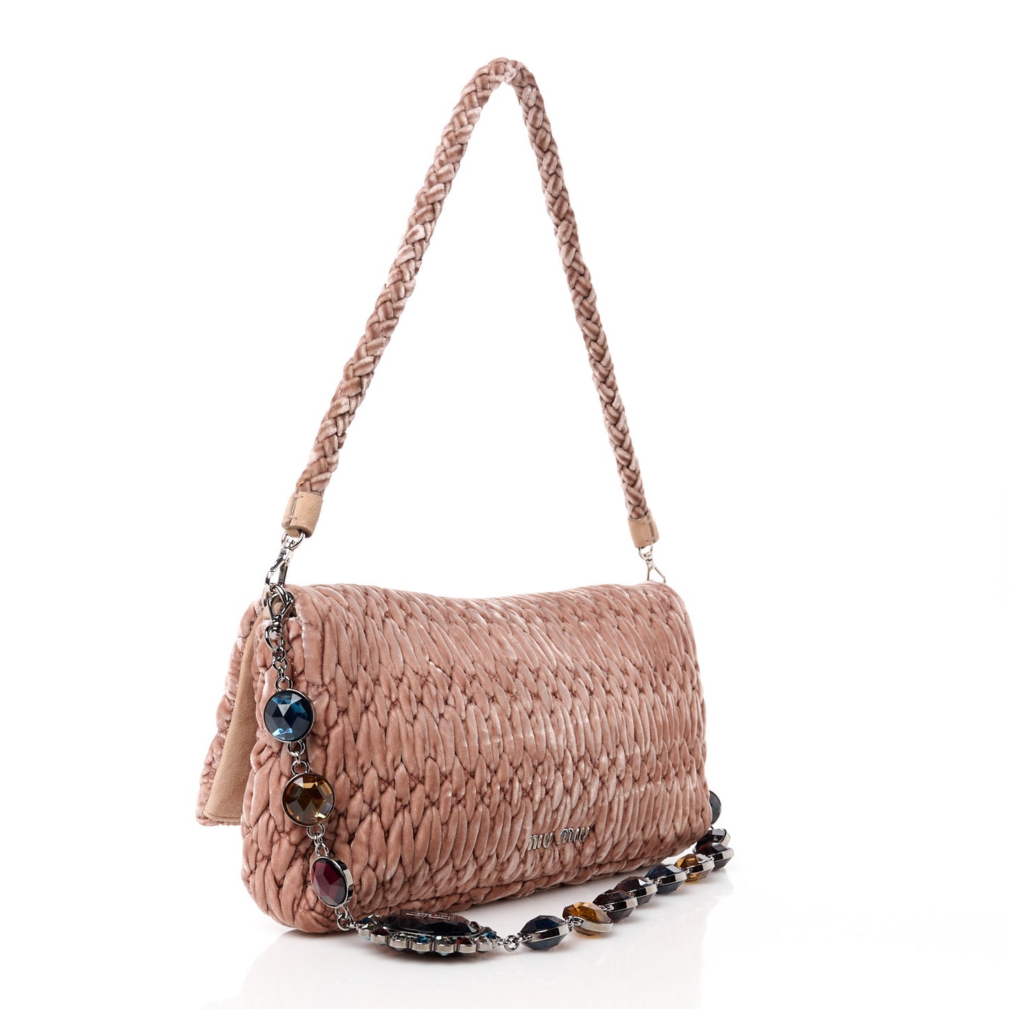 Velvet Matelasse Crystal Chain Shoulder Bag Cammeo