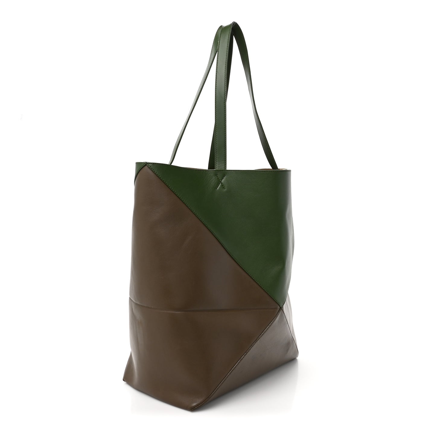 Shiny Calfskin Large Puzzle Fold Tote Umber Hunter Green