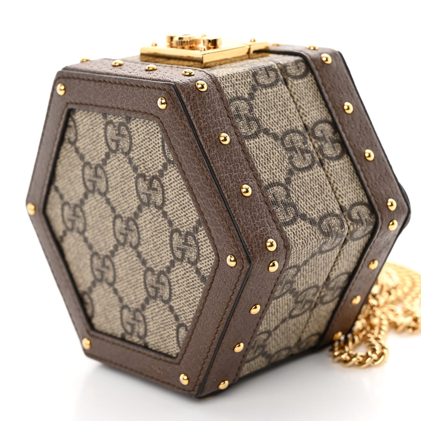 GG Supreme Monogram Textured Dollar Calfskin Studded Mini Padlock Hexagon Top Handle Case Beige Ebony New Acero