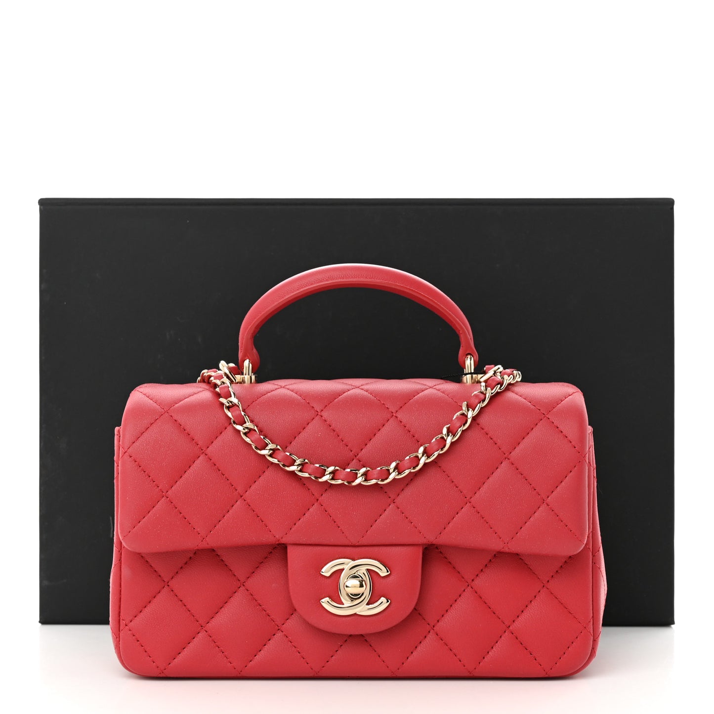 Lambskin Quilted Mini Top Handle Rectangular Flap Red