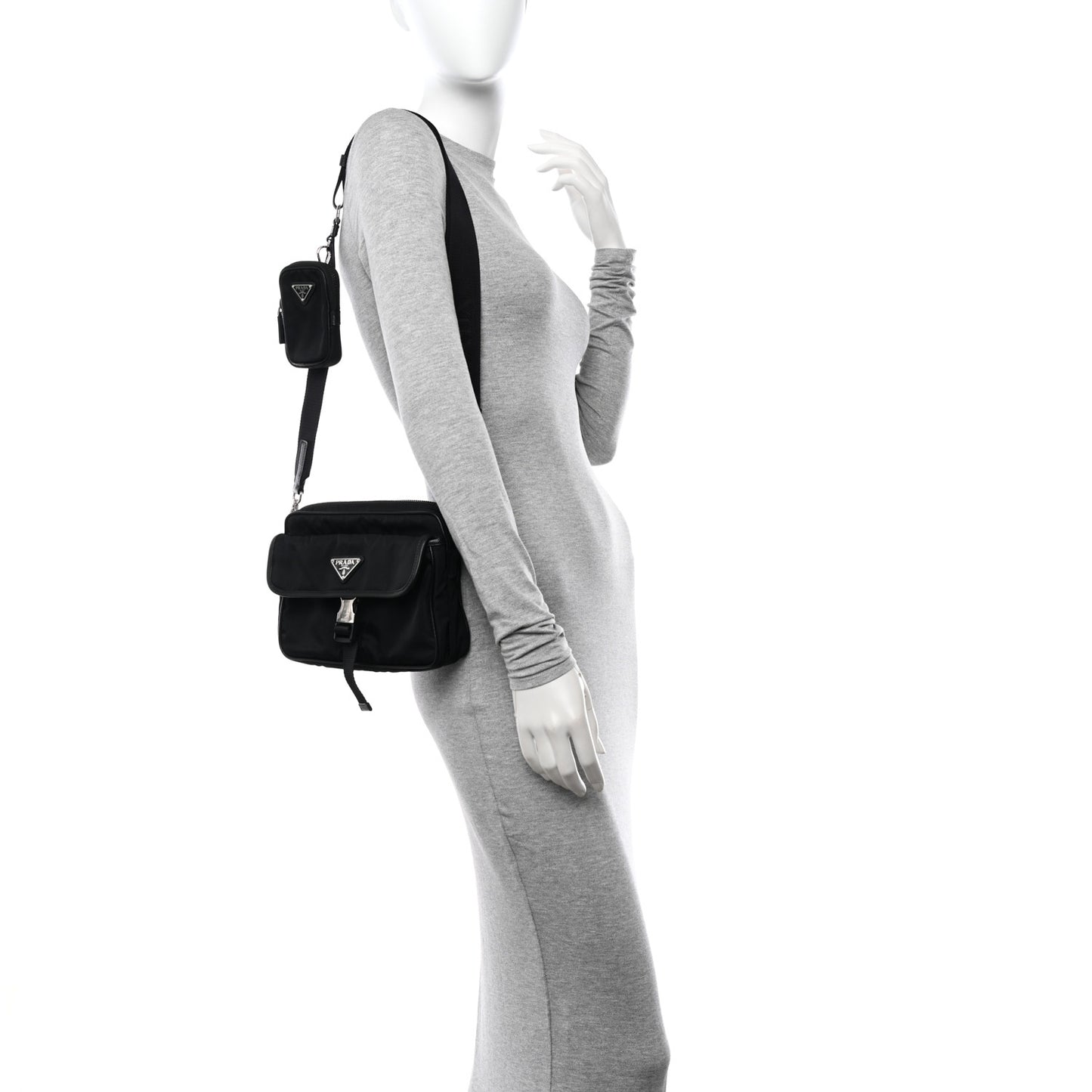 Re-Nylon Saffiano Pocket Single Snap Buckle Shoulder Bag Black