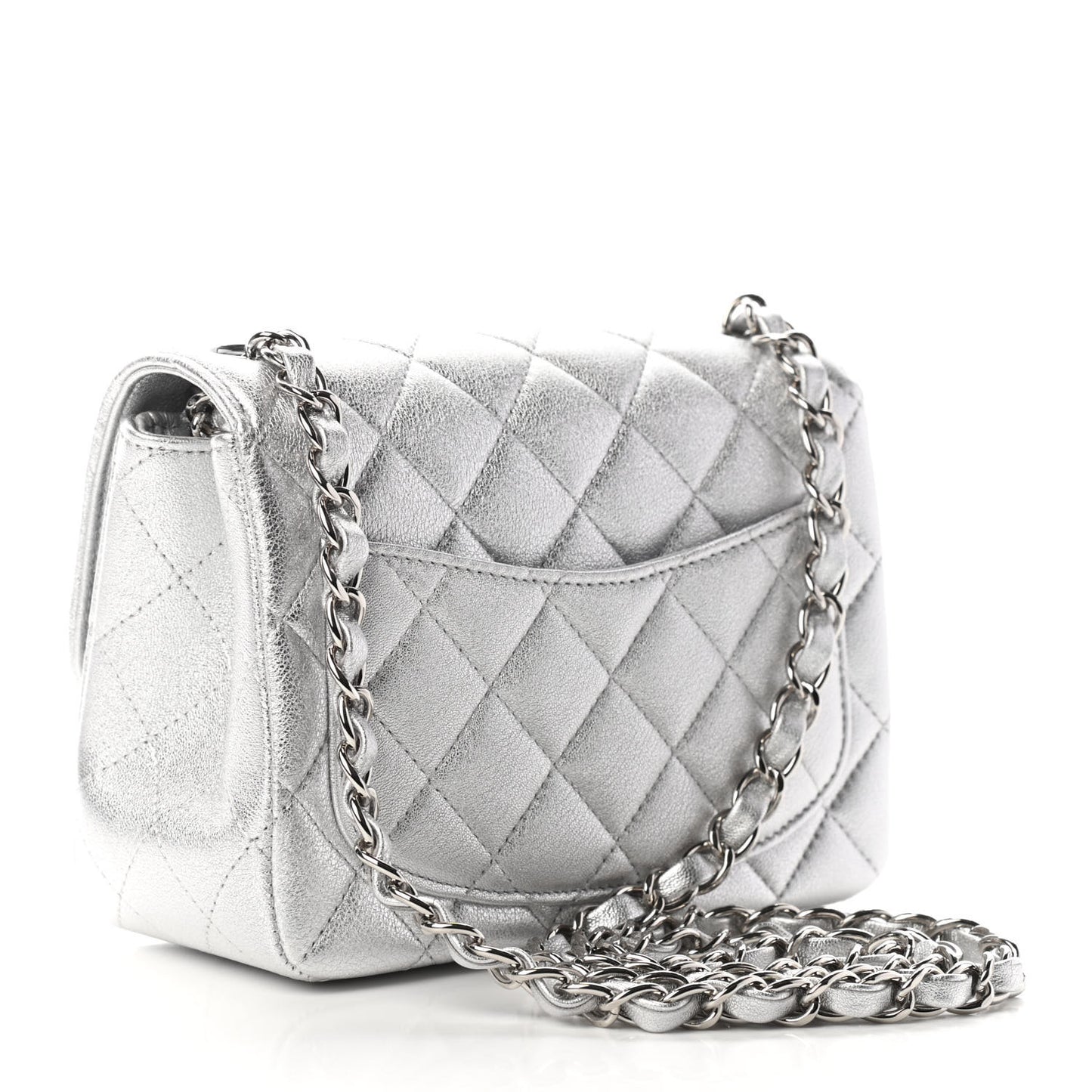 Metallic Lambskin Quilted Mini Square Flap Silver