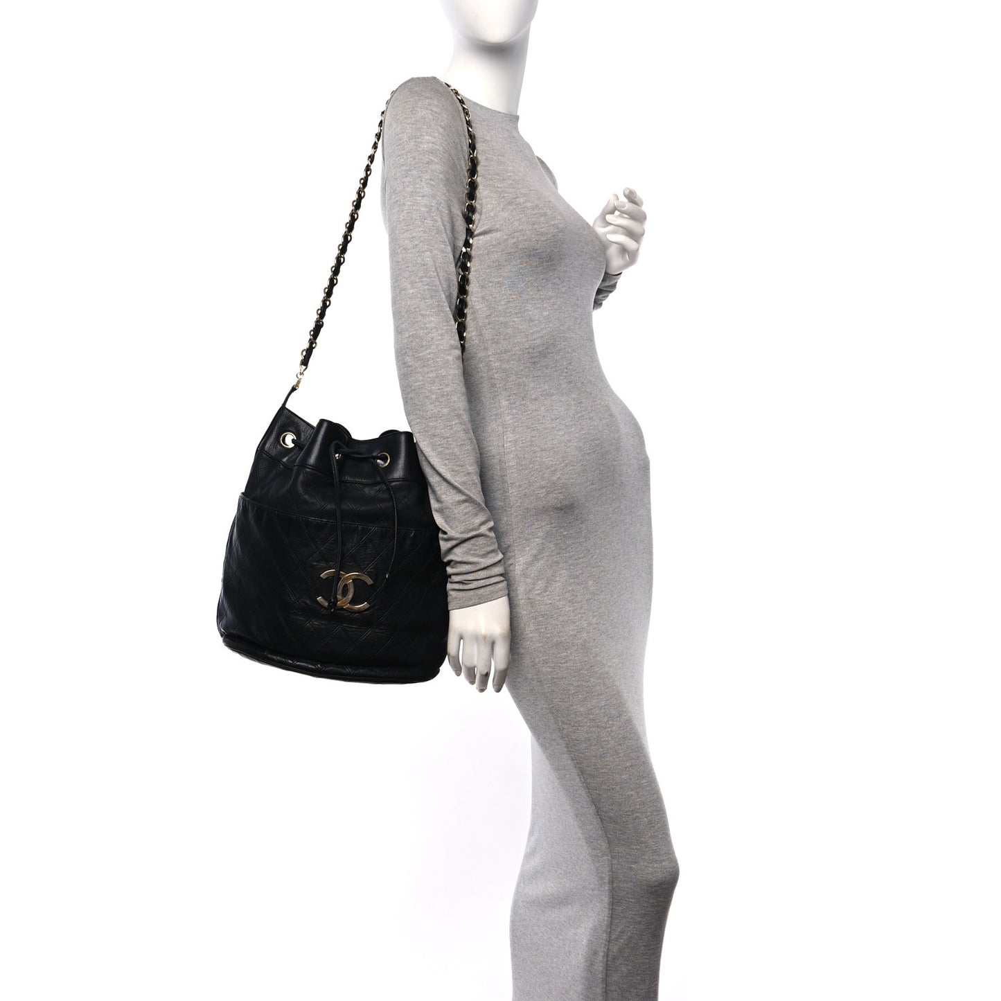 Lambskin Diamond Stitched CC Drawstring Shoulder Bag Black