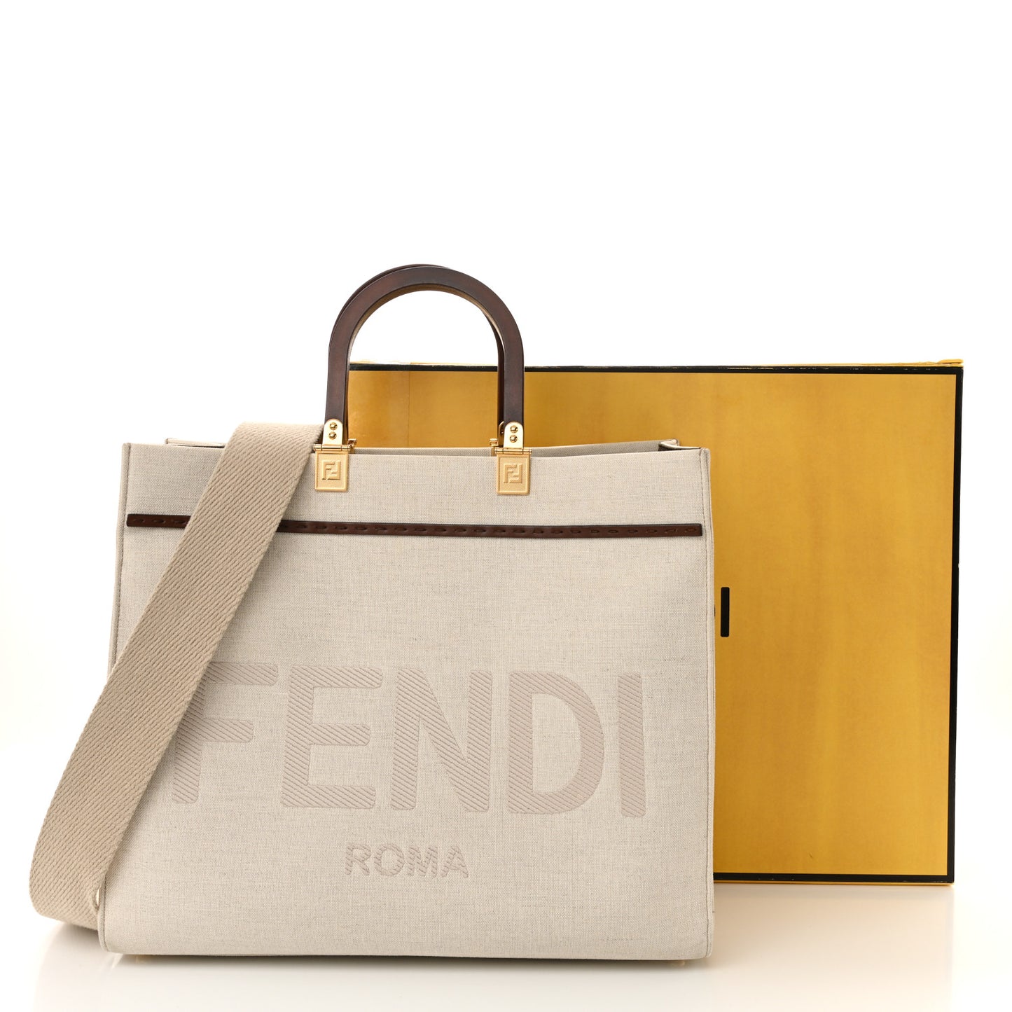 Canvas Vitello King Logo Embroidered Medium Fendi Sunshine Shopper Tote Grezzo Ghianda