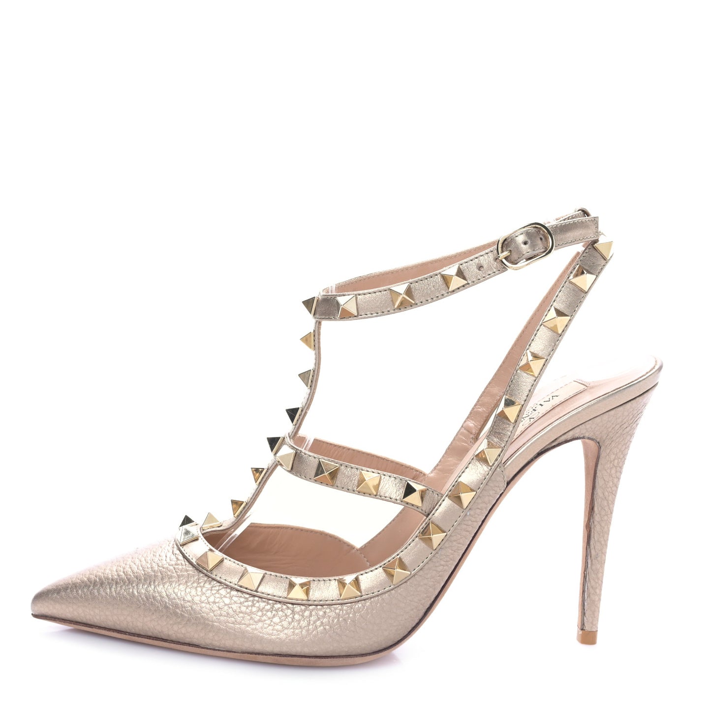 Metallic Pebbled Calfskin Rockstud Ankle Strap 100mm Pumps 39.5 Skin
