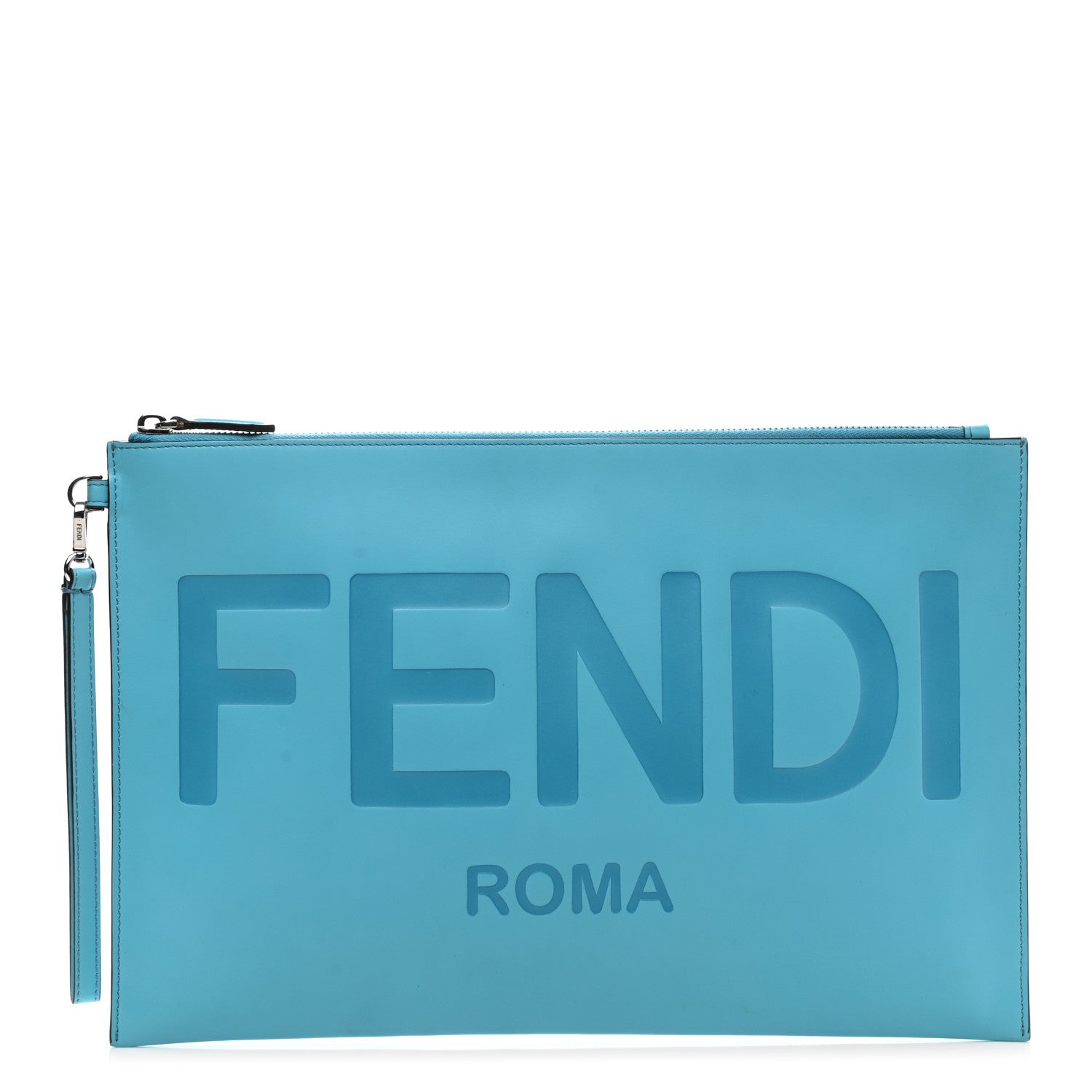 Fendi Vitello King Logo Embossed Large Flat Pouch Azzuro Baby