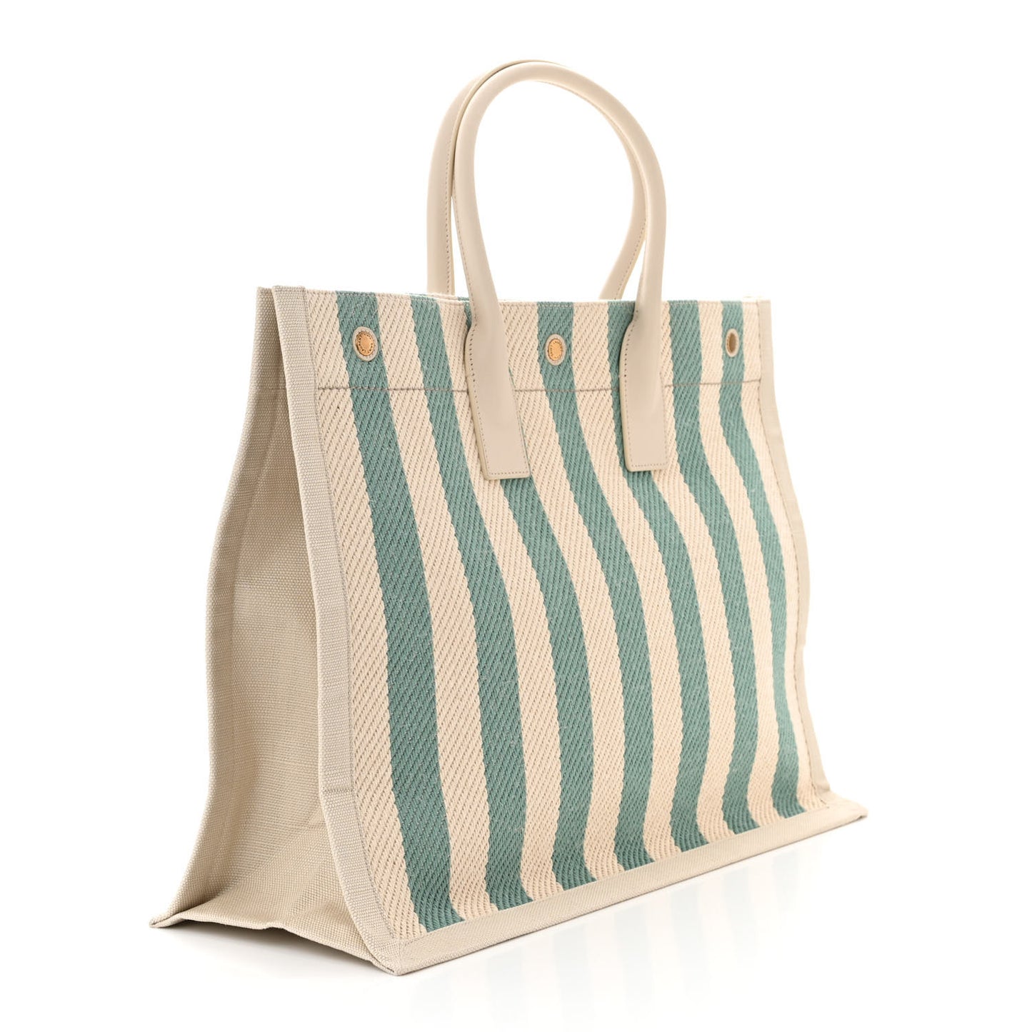 Cotton Linen Calfskin Striped Rive Gauche Tote Water Green
