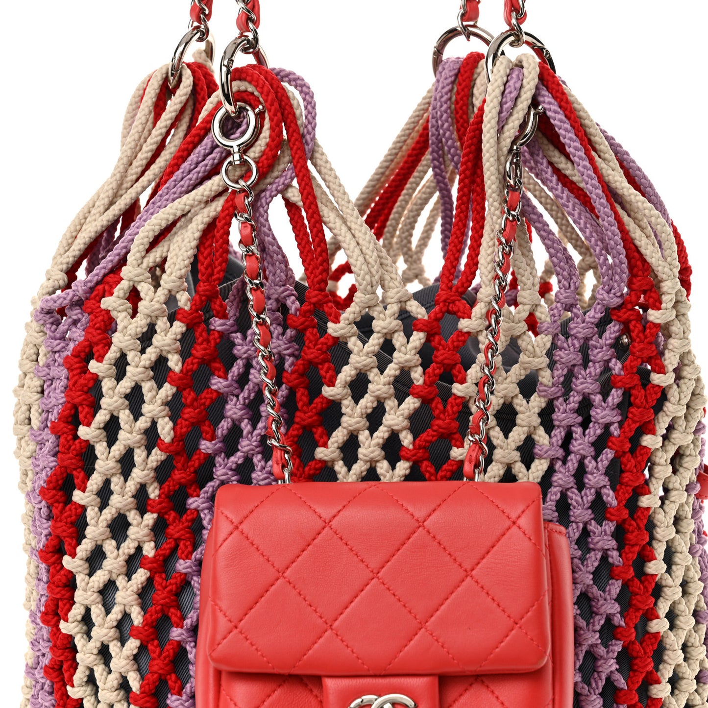 Lambskin Mixed Fibers Large Shopping Bag Red Purple White