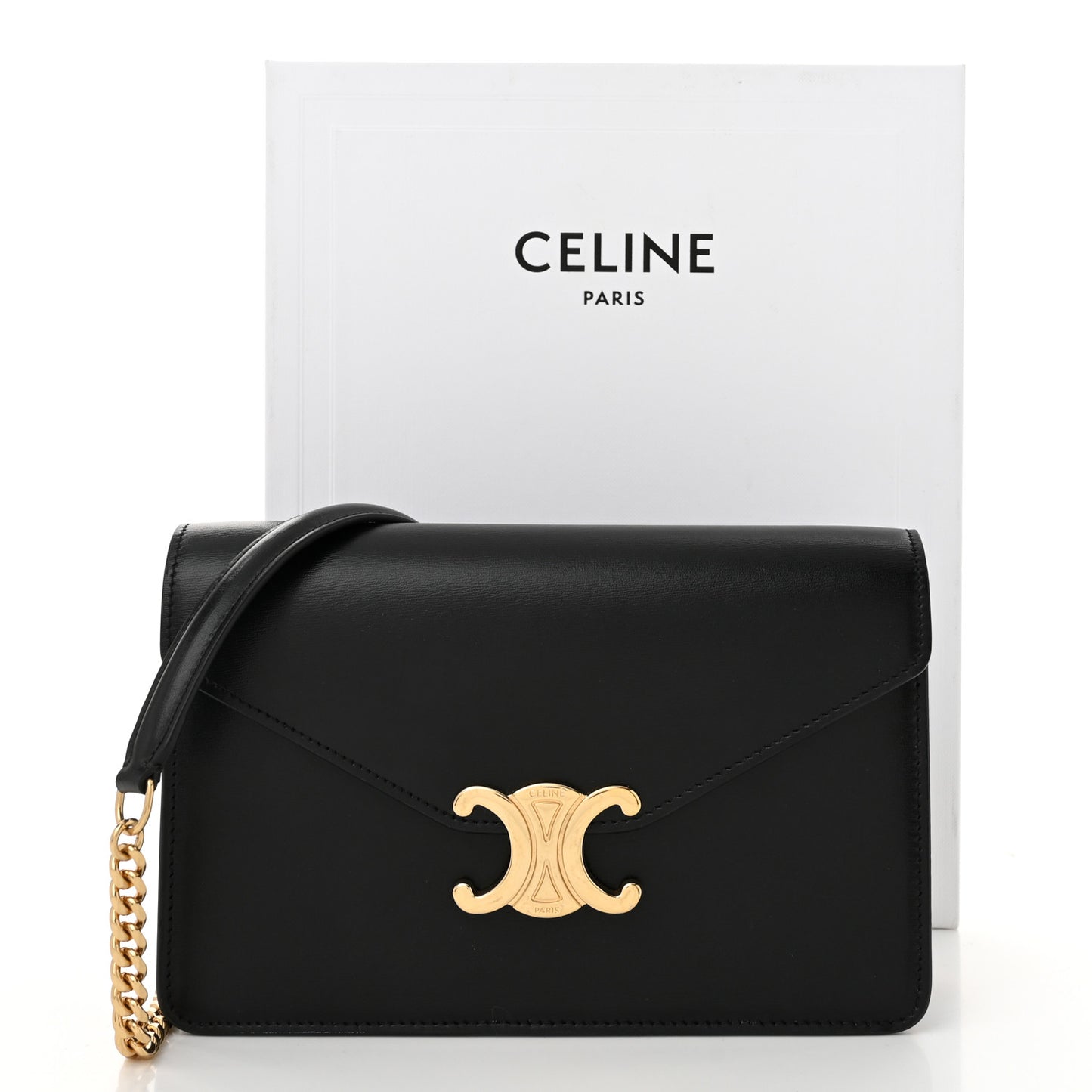 Shiny Calfskin Triomphe Margo Wallet on Chain Black