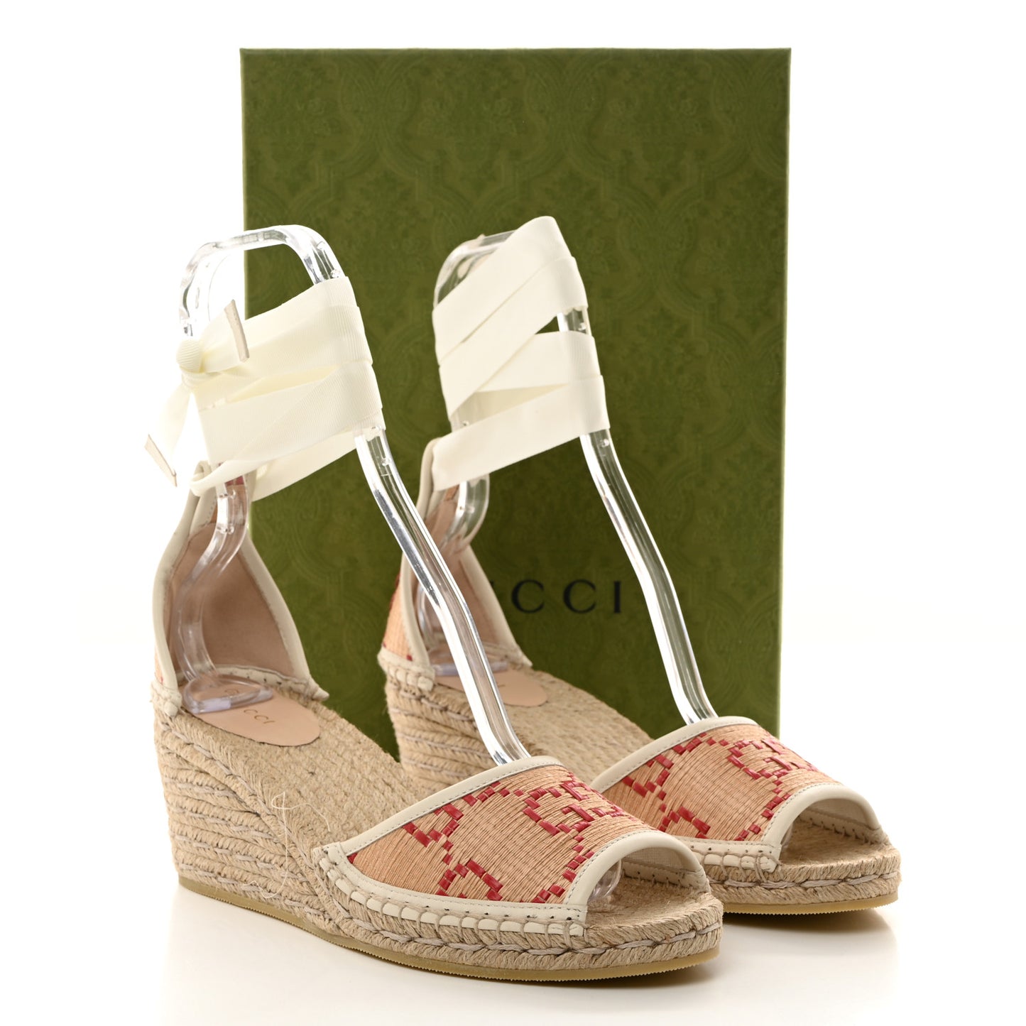 GG Raffia Monogram Ankle Wrap Platform Espadrille Wedge Sandals 40 Beige