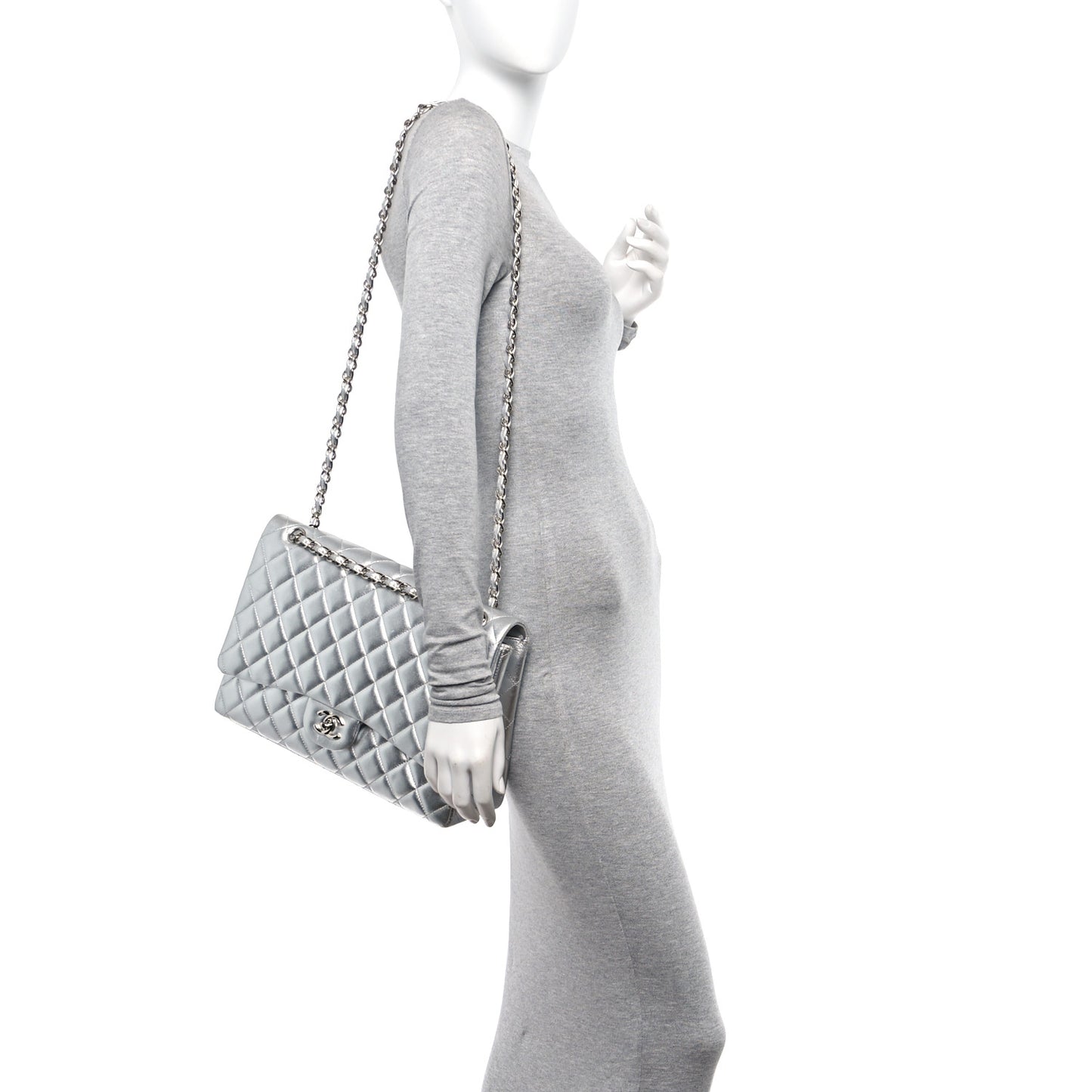 Metallic Lambskin Quilted Maxi Single Flap Silver