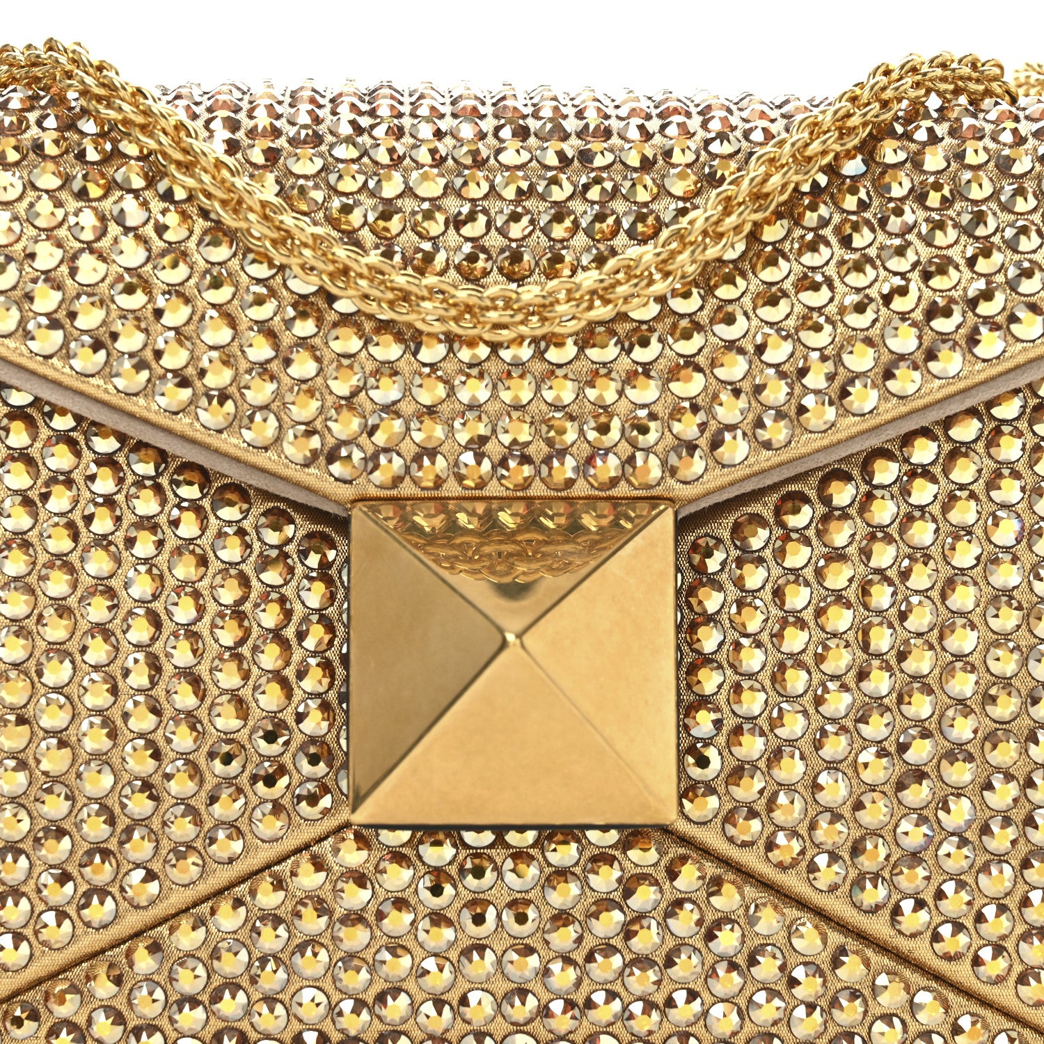 Valentino Garavani Crystal Embellished Metallic Calfskin Small One Stud Clutch With Chain Sunshine Gold 7 of 9
