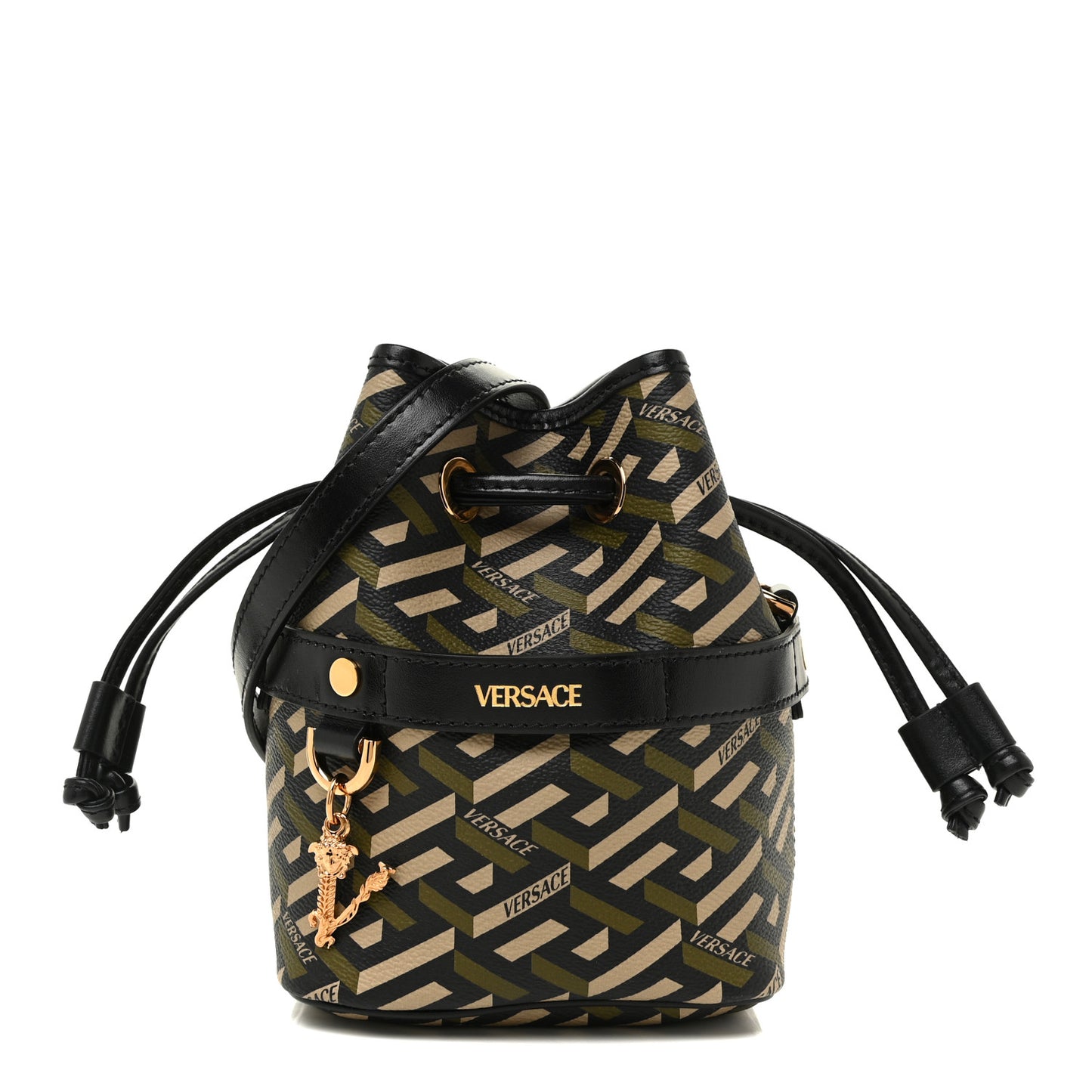 Coated Canvas La Greca Mini Bucket Bag Black Green Beige