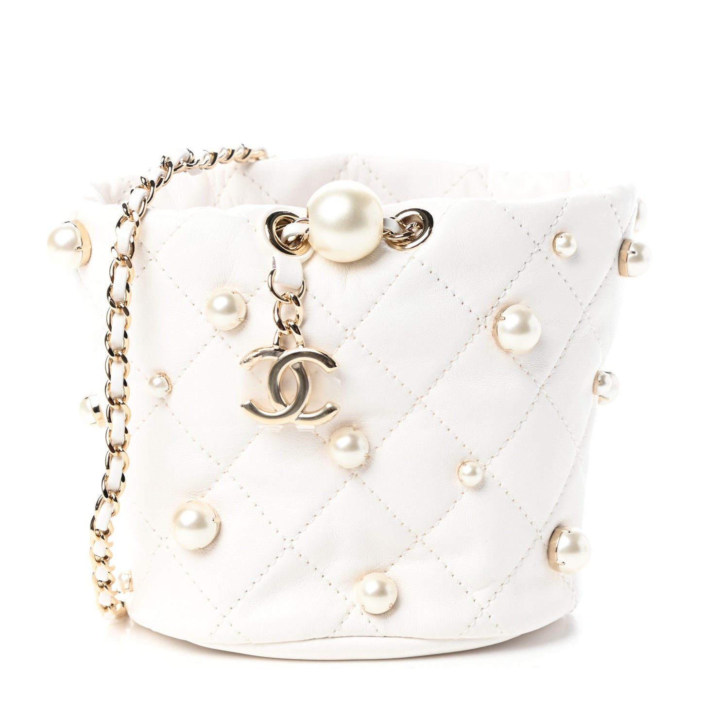 Lambskin Quilted Pearl Mini About Pearls Drawstring Bag White