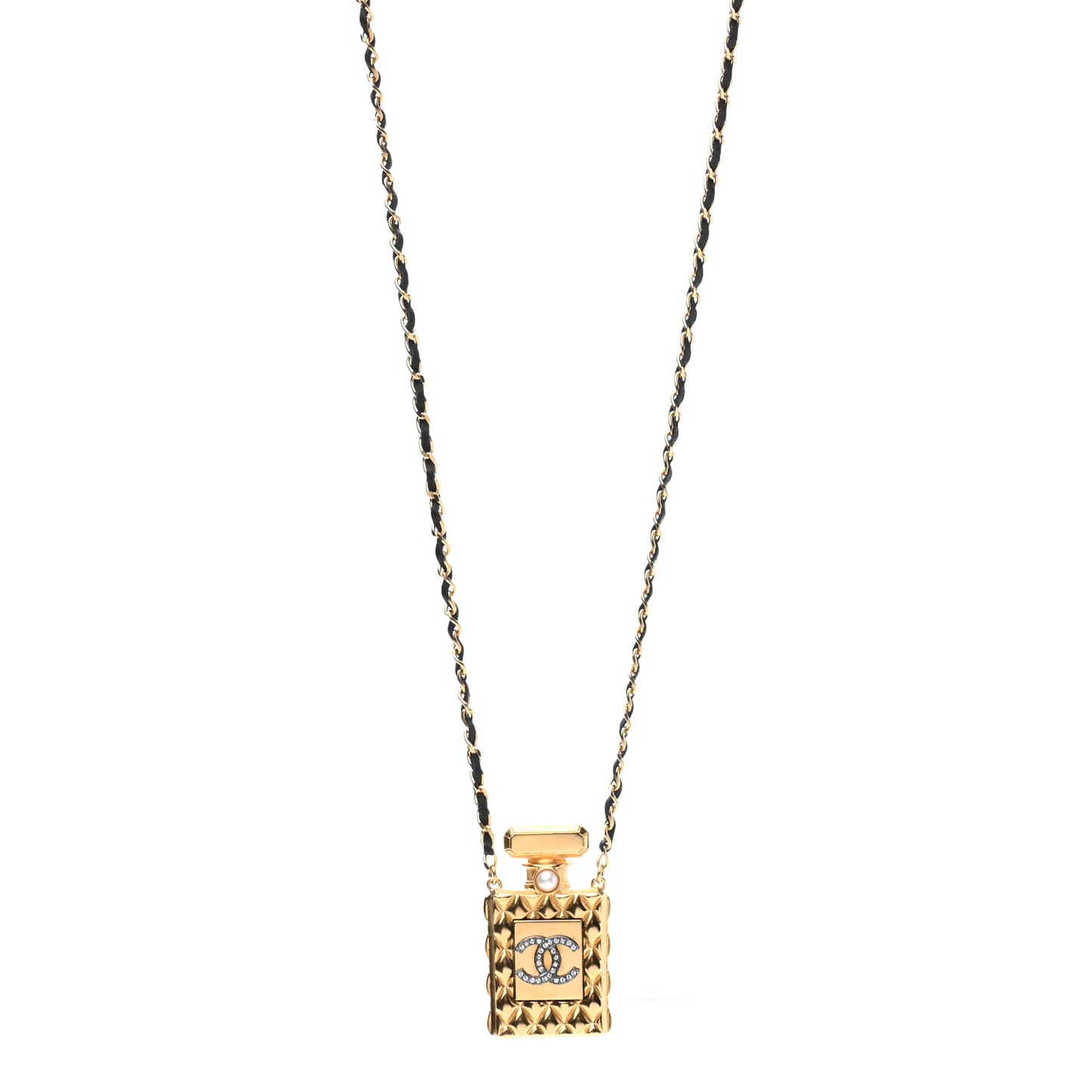 Crystal Pearl Perfume Bottle CC Necklace Black Gold