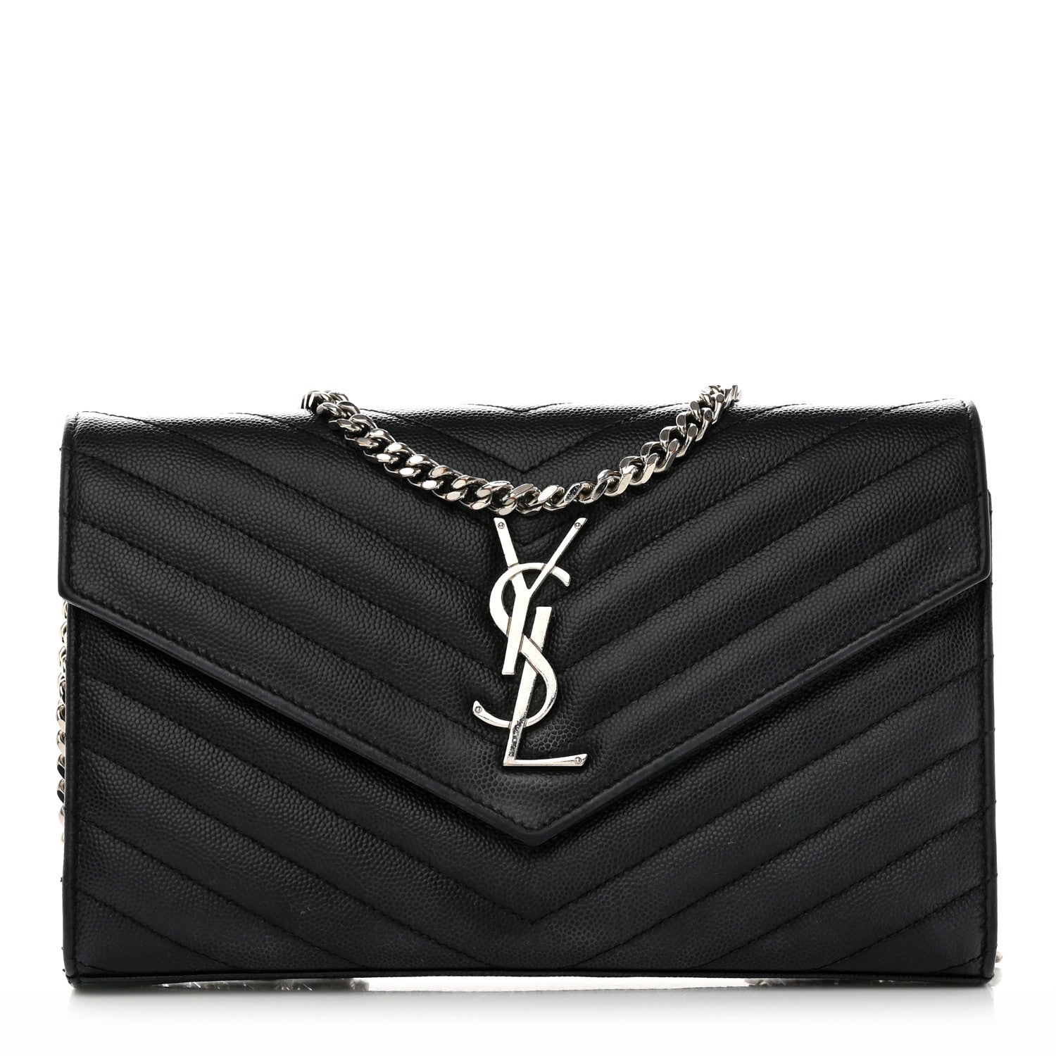 Saint Laurent Grain De Poudre Matelasse Chevron Monogram Chain Wallet Black 1 of 18