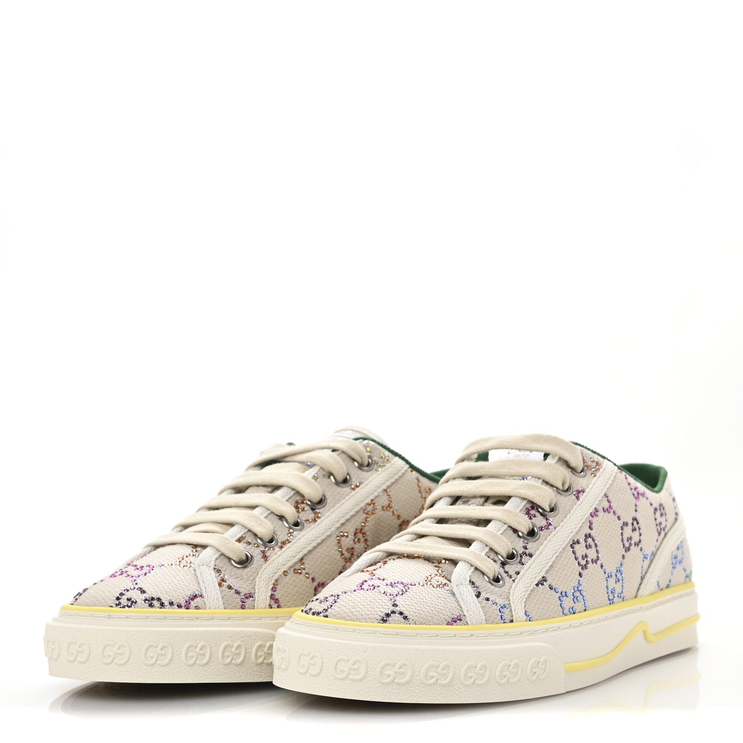 Canvas Lame Crystal GG Monogram Womens 1977 Tennis Sneakers 37.5 Gardenia Silver Mystic White
