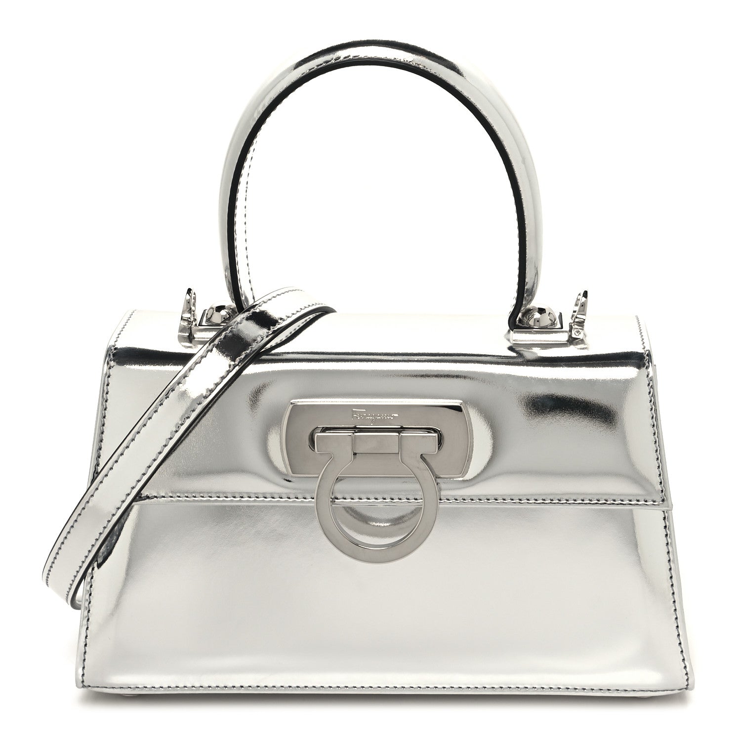 Salvatore Ferragamo Metallic Calfskin Small Iconic Top Handle Bag Argento 1 of 11