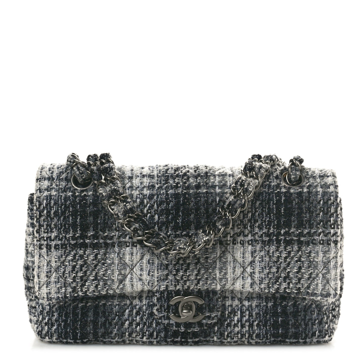 Tweed Quilted Medium Double Flap Black Grey