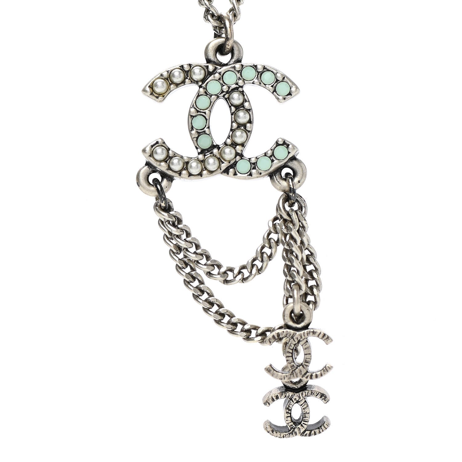Chanel Ruthenium Pearl Chain CC Drop Necklace Silver 4 of 6