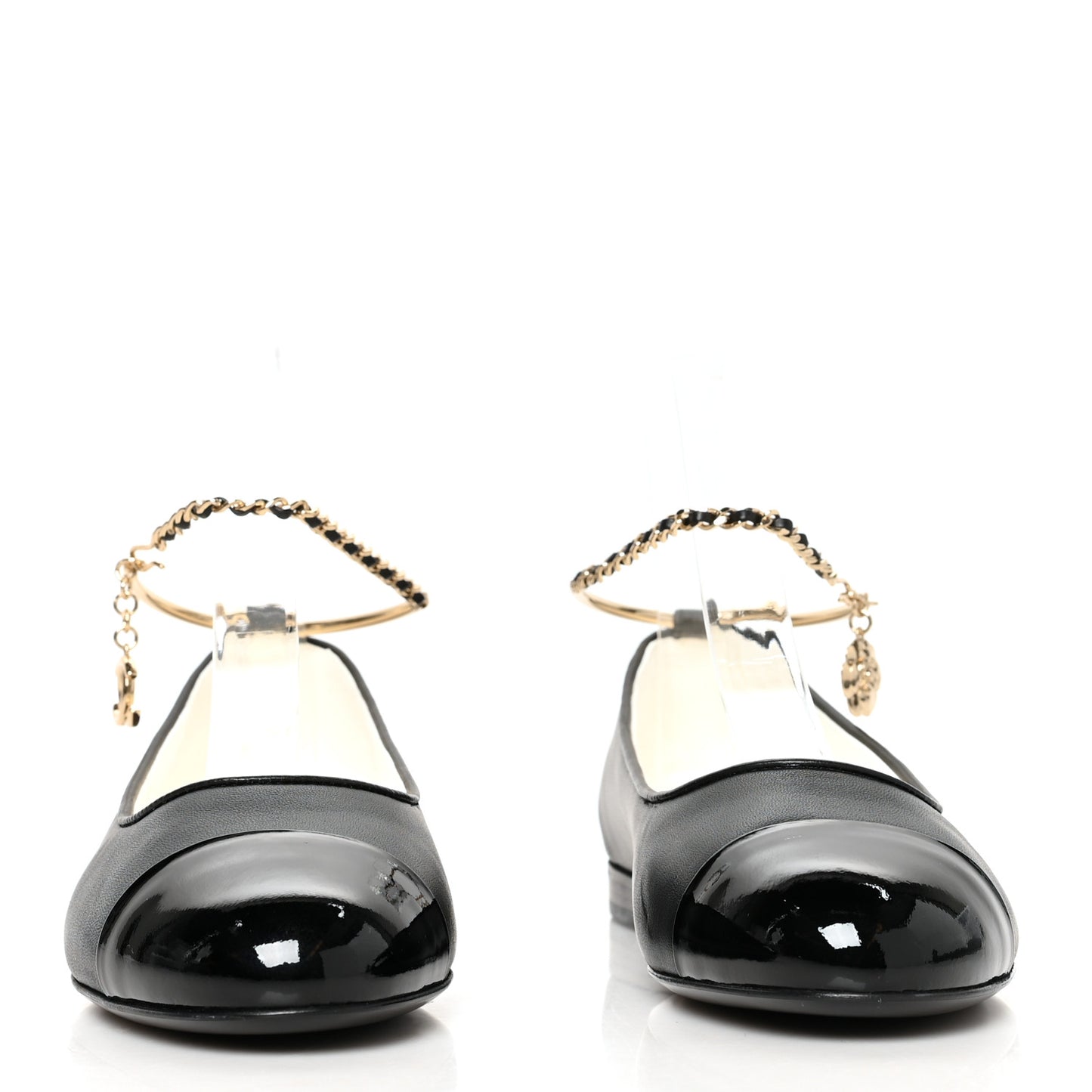 Lambskin Patent Calfskin Cap Toe Ankle Chain Ballerina Flats 38 Black