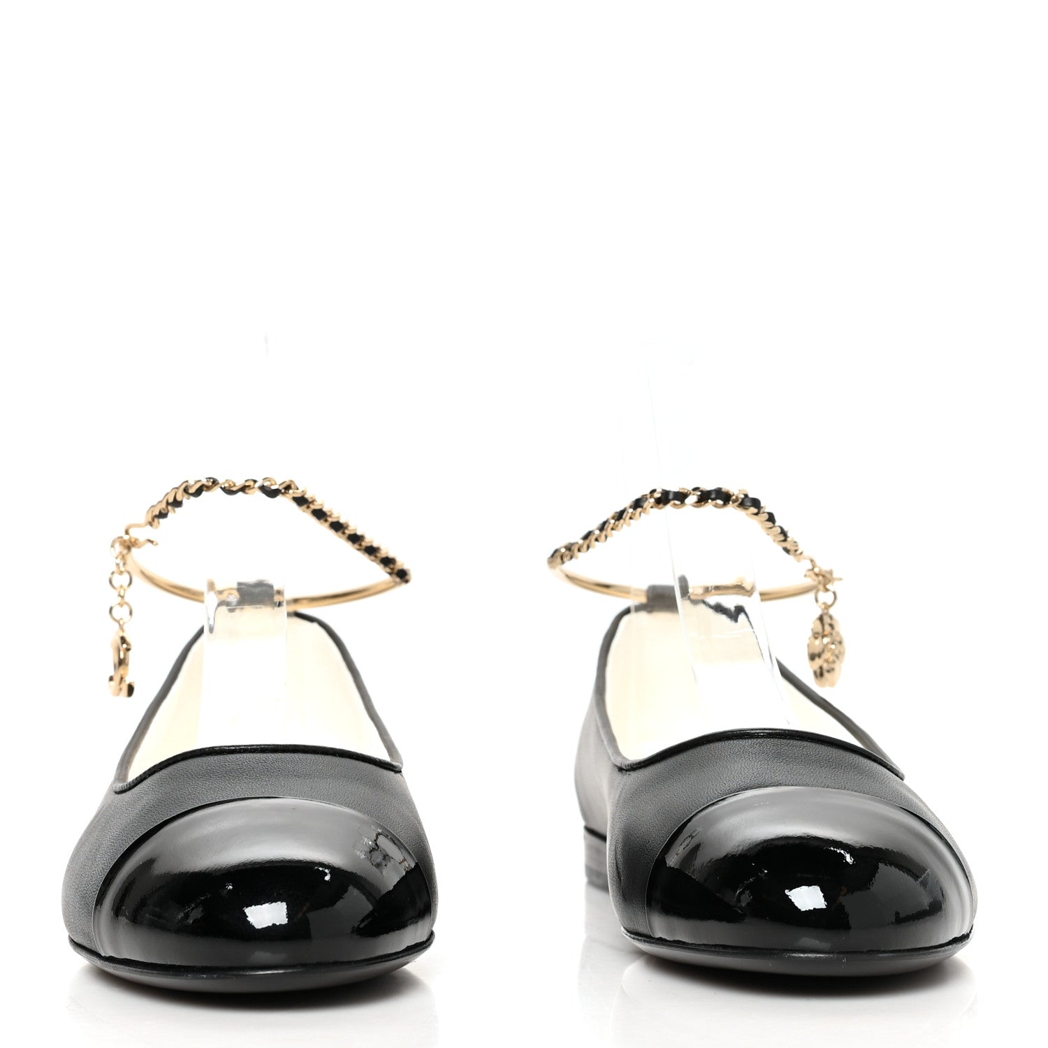 Chanel Lambskin Patent Calfskin Cap Toe Ankle Chain Ballerina Flats 38 Black 2 of 8