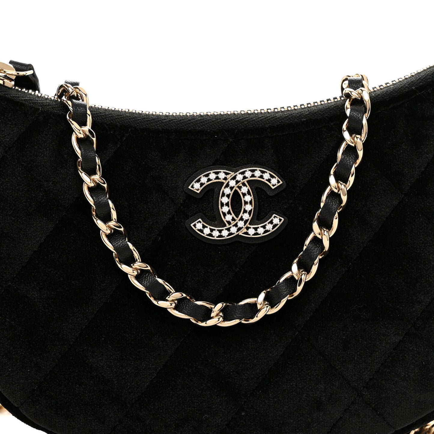 Velvet Crystal Quilted Chain Hobo Black