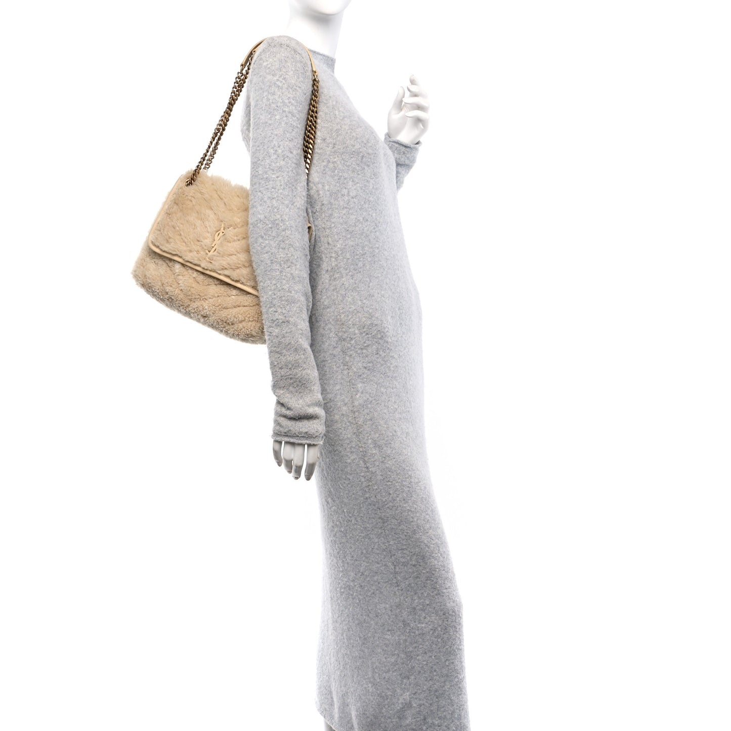 Calfskin Shearling Monogram Medium Niki Chain Satchel Natural Beige