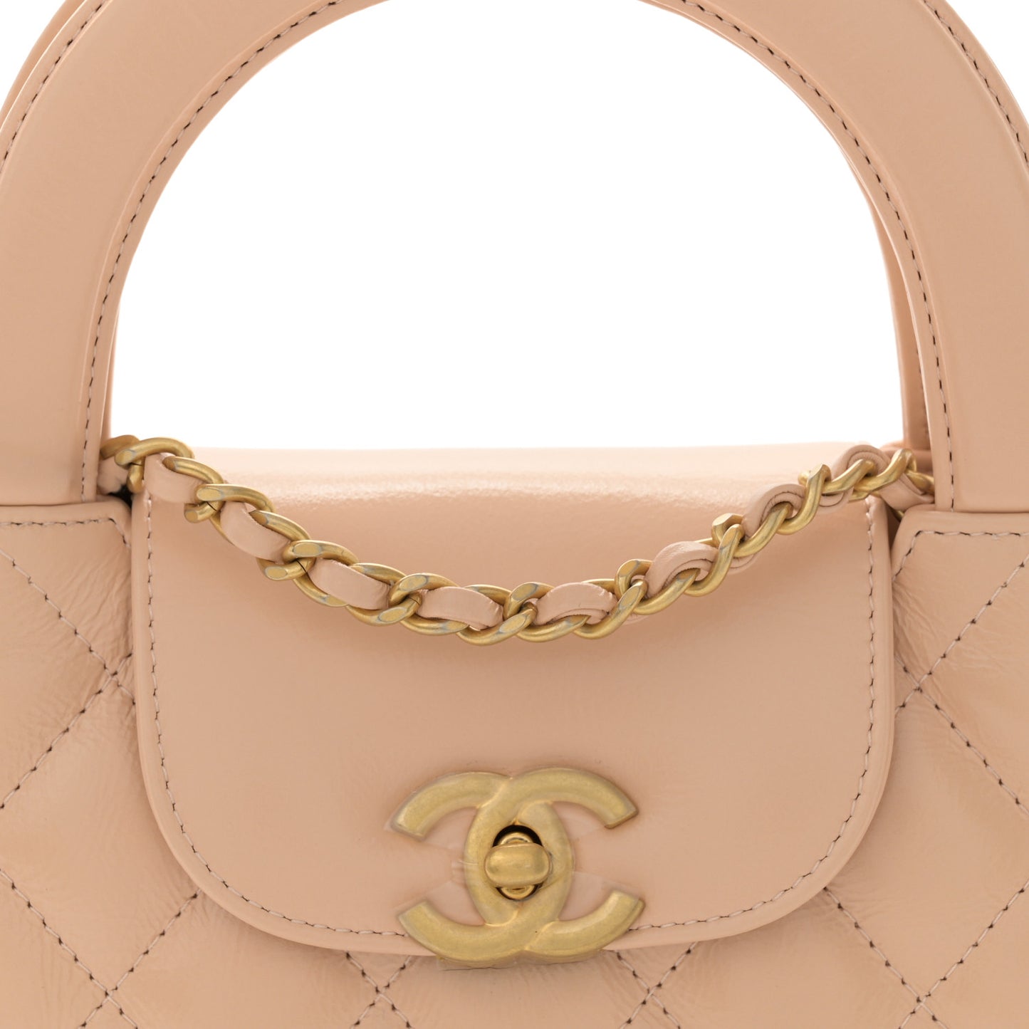 Shiny Aged Calfskin Quilted Nano Kelly Shopper Beige