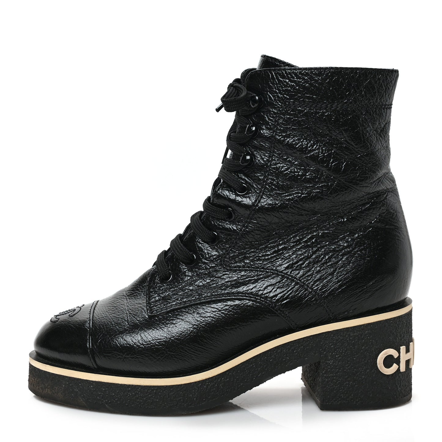 Shiny Crumpled Lambskin Lace Up Combat Boots 38 Black