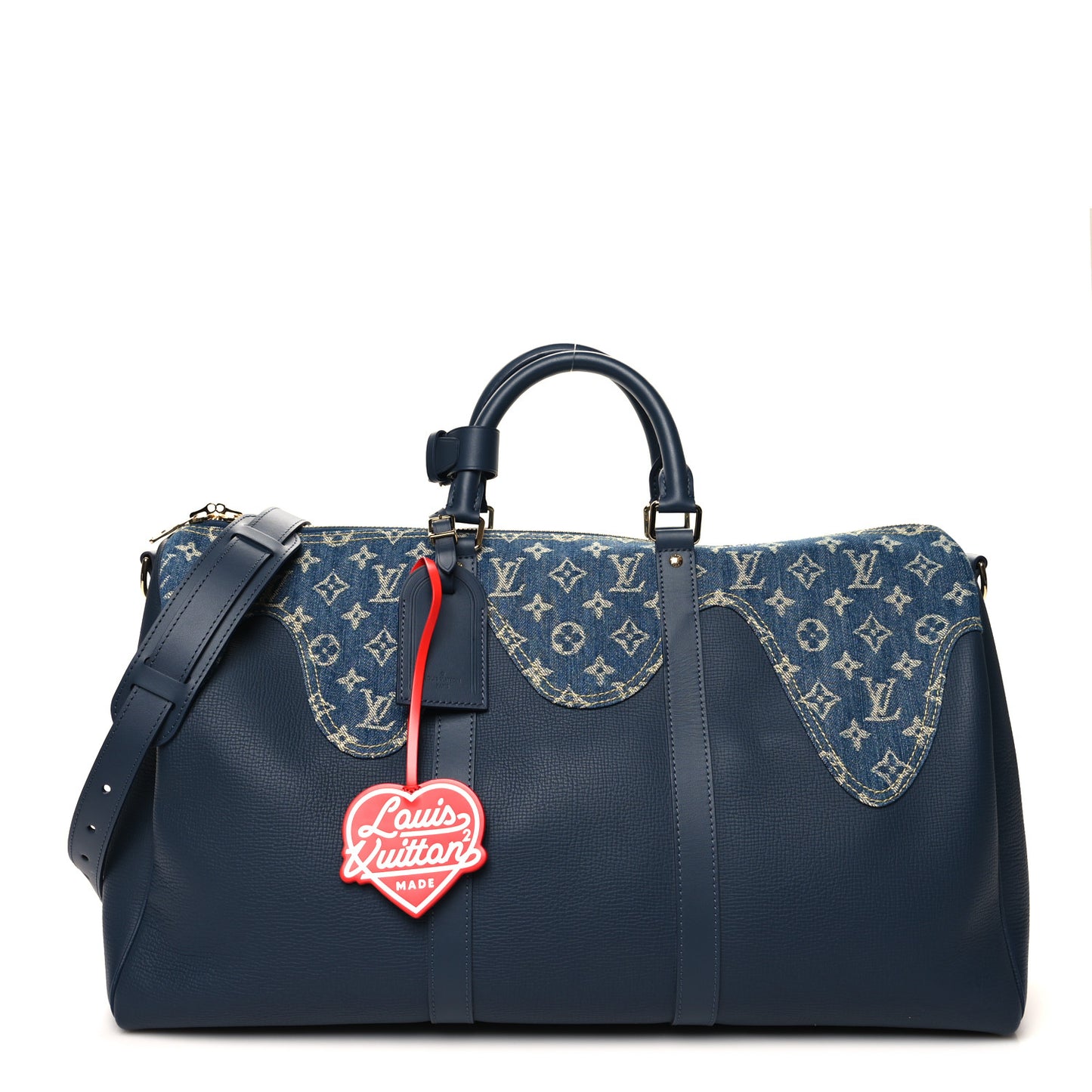 X NIGO Taurillon Monogram Denim Drip Keepall Bandouliere 50 Blue