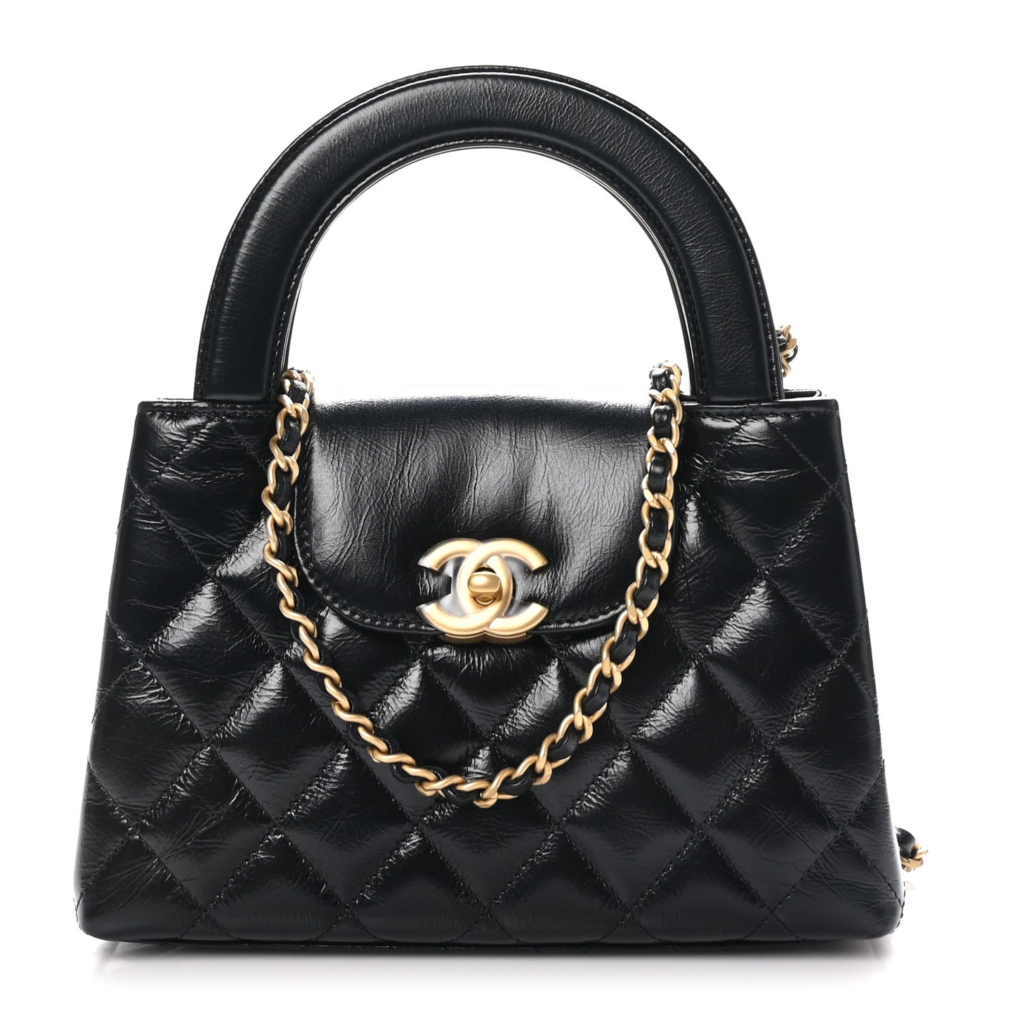Shiny Aged Calfskin Quilted Nano Kelly Shopper Black