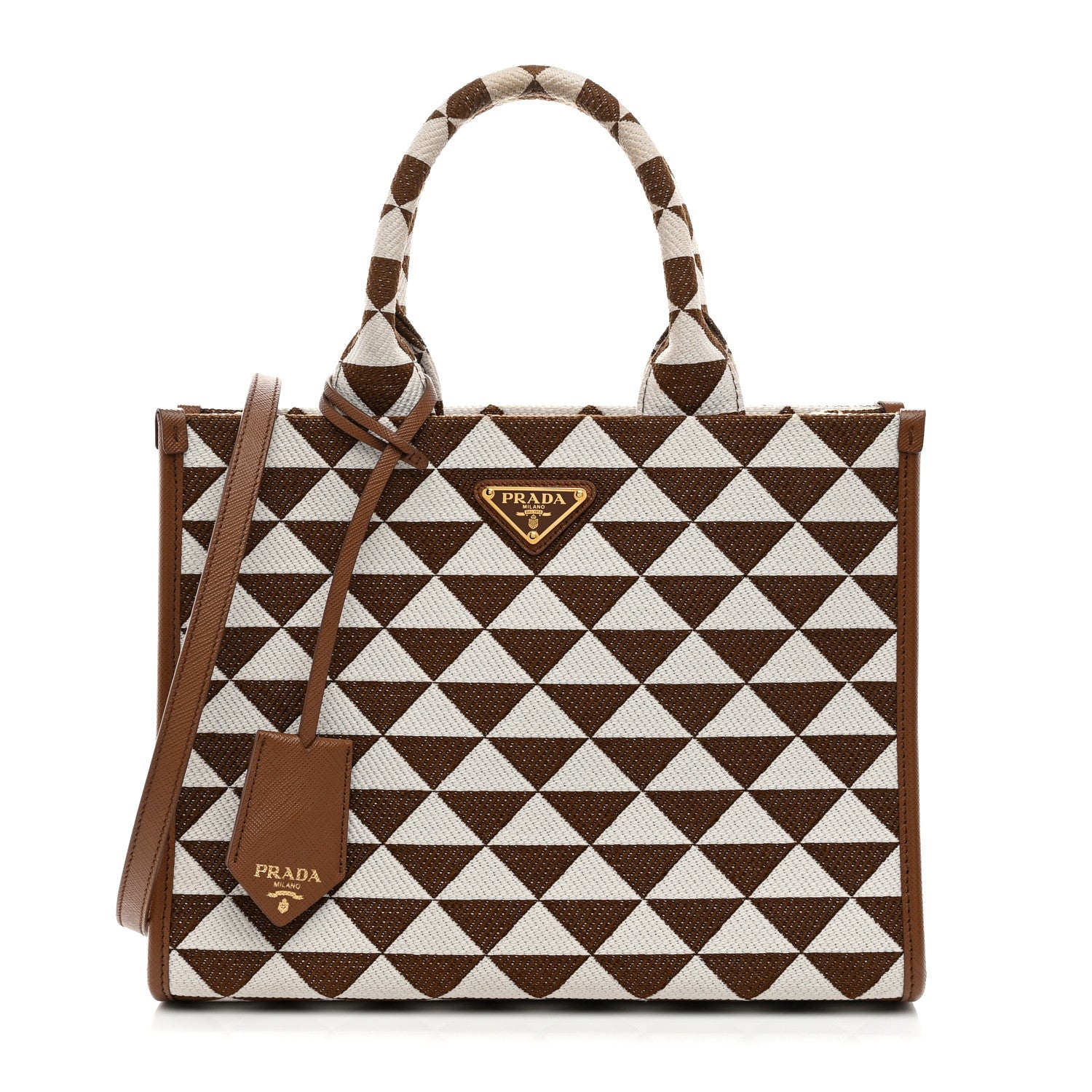 Prada Jacquard Saffiano Triangolo Symbole Embroidered Small Tote Tobacco  Talco 1684477 – FASHIONPHILE