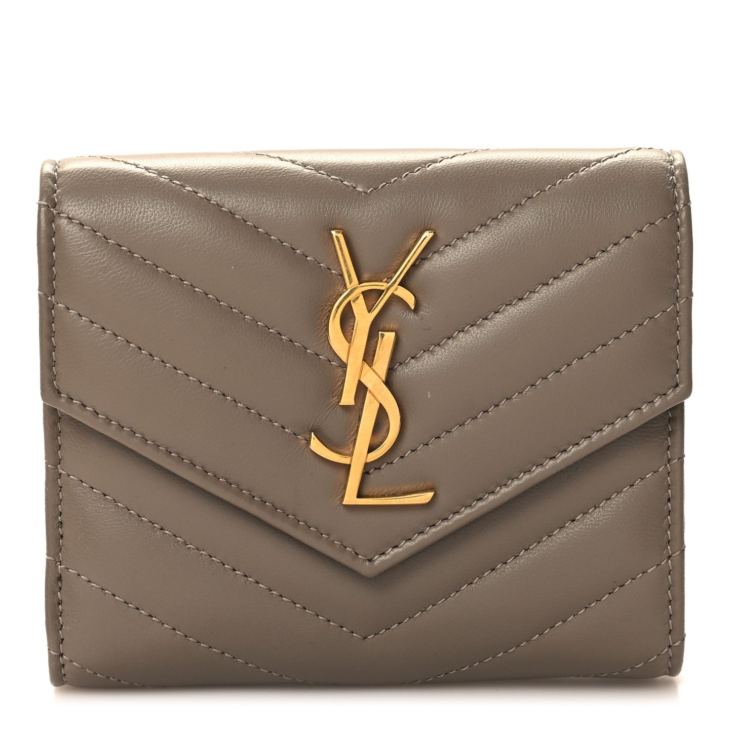 Lambskin Matelasse Chevron Monogram Compact Tri Fold Wallet Dust Grey