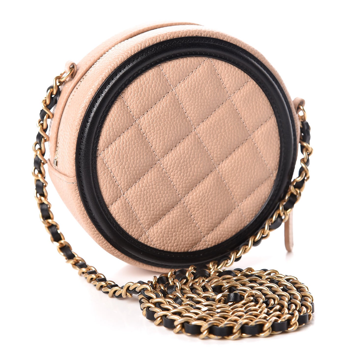 Caviar Quilted Round Filigree Crossbody Beige Black