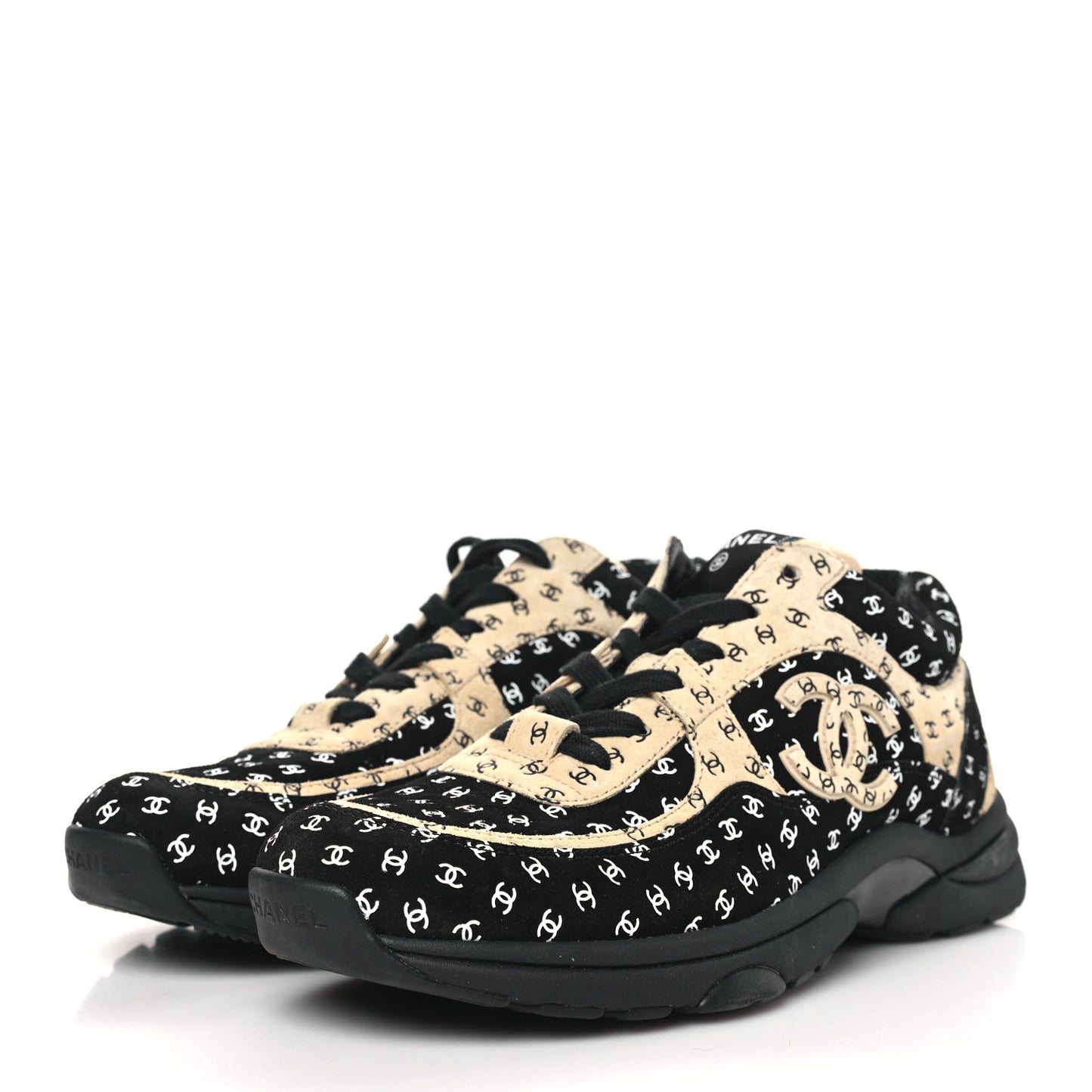Nylon Suede Calfskin Printed CC Sneakers 41.5 Black Beige