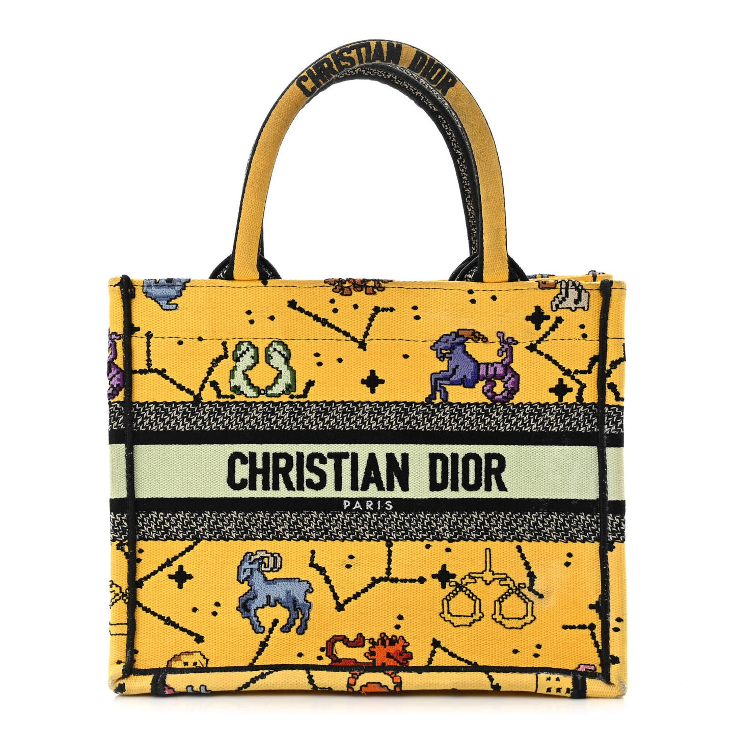 Canvas Embroidered Small Pixel Zodiac Book Tote Yellow Multicolor