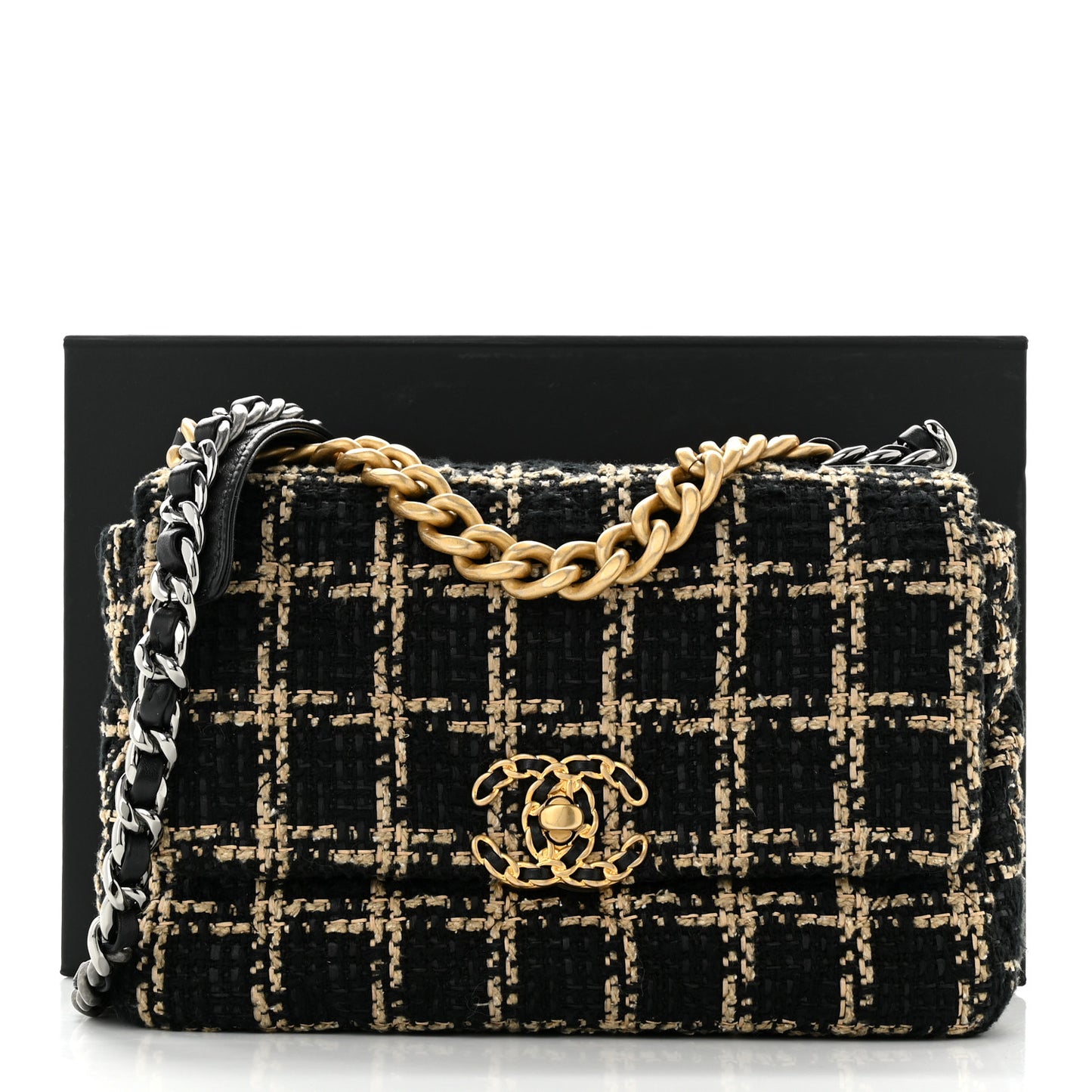 Tweed Quilted Medium Chanel 19 Flap Black Beige