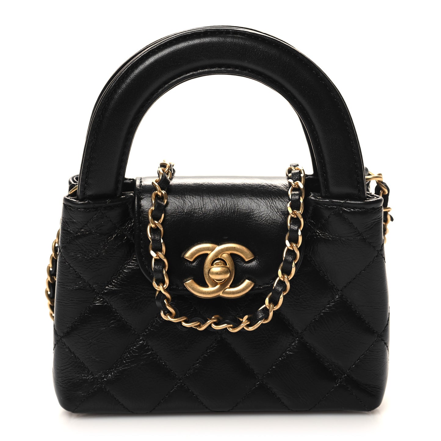 Shiny Aged Calfskin Quilted Mini Nano Kelly Shopper Black